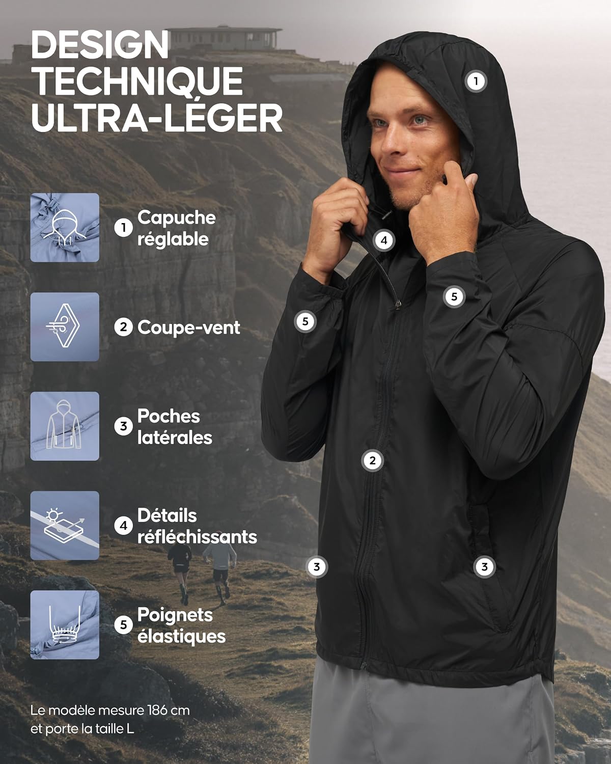 Detalle de Danish Endurance veste coupe-vent homme légère et respirante, capuche ajustable