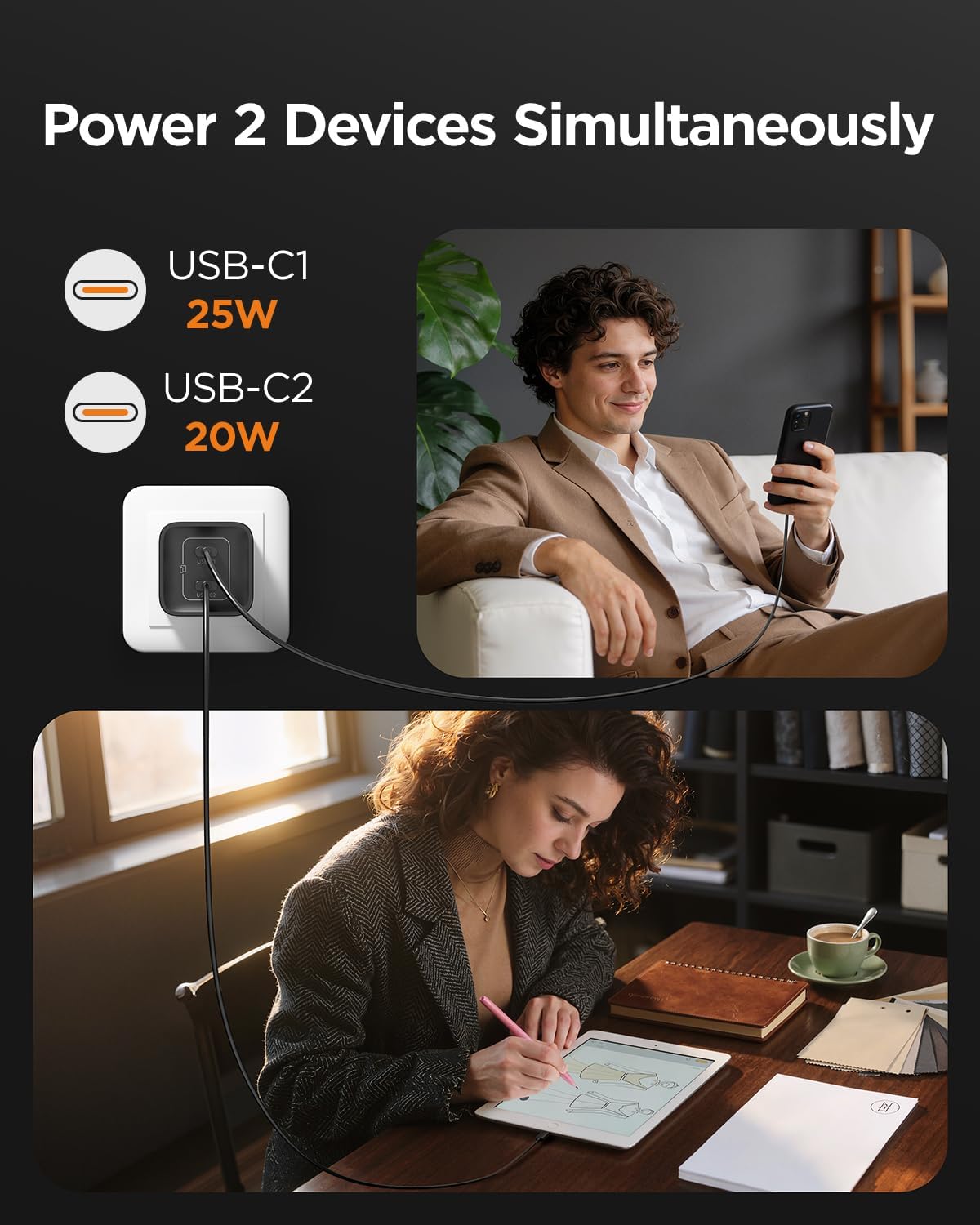 Detalle de wegear 45W USB C Charger, 2-Port GaN Fast Charging with PPS