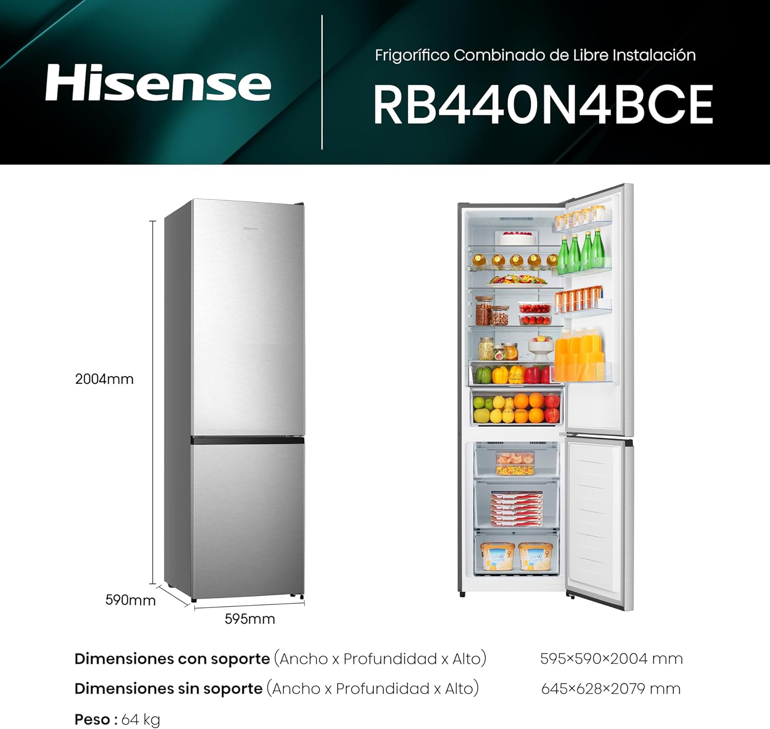 Thumbnail 1 de Hisense RB440N4BCE Frigorífico Combi Inox 336L