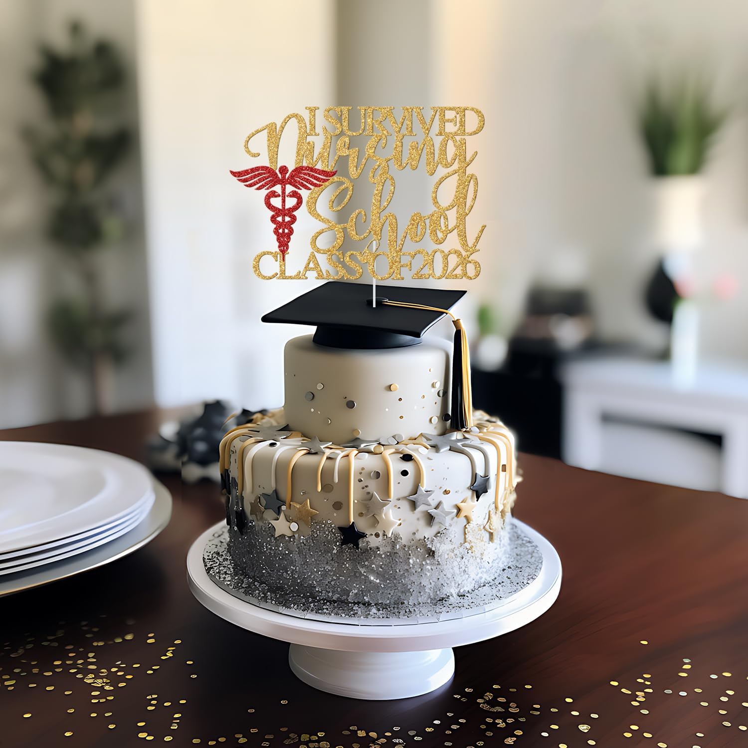 Detalle de Yotawebery I Survived Nursing School Cake Topper, Class of 2026, Gold and Red Glitter