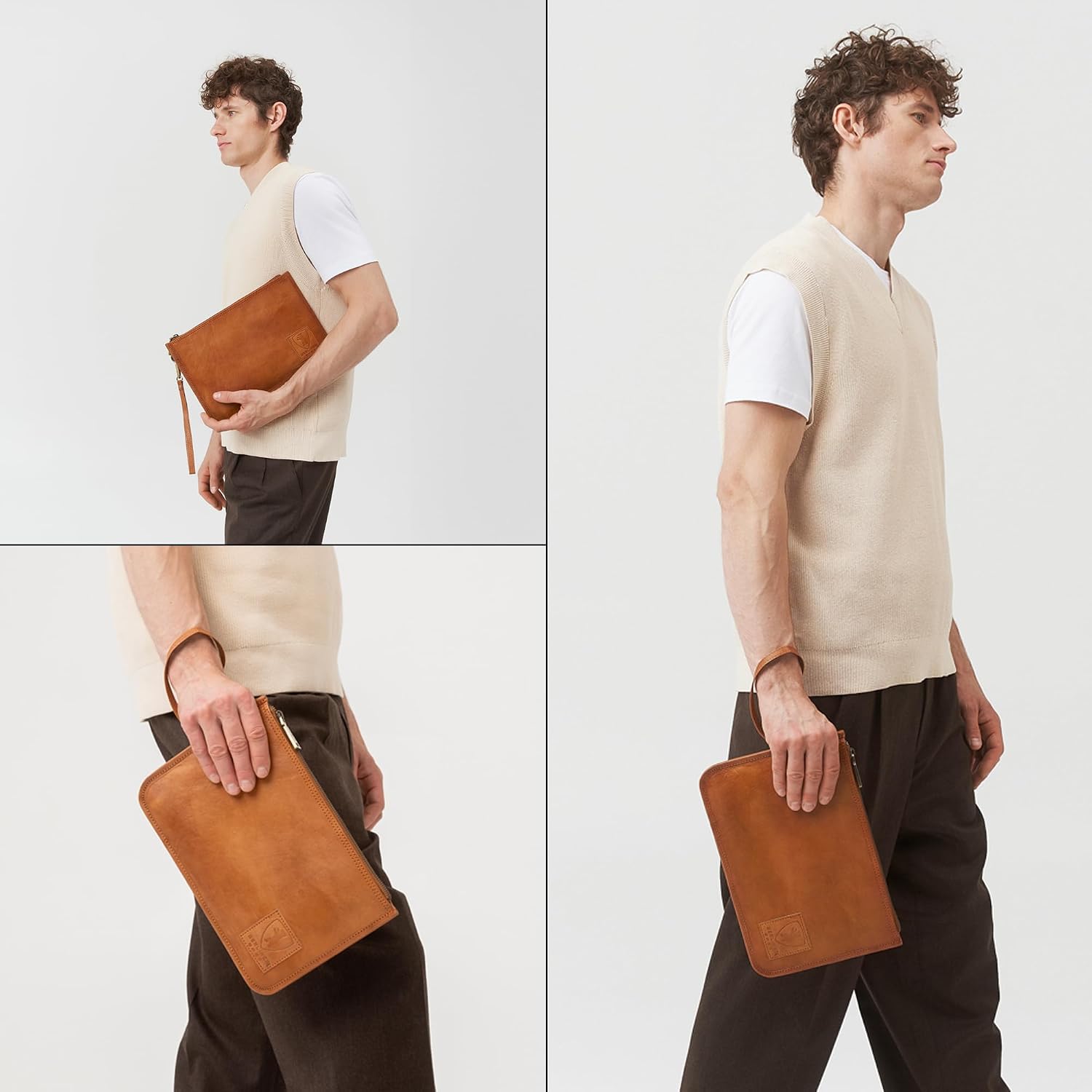 Detalle 2 de Berliner Bags Theo XL : pochette en cuir véritable pour documents et passeport (maron) avec fermeture éclair