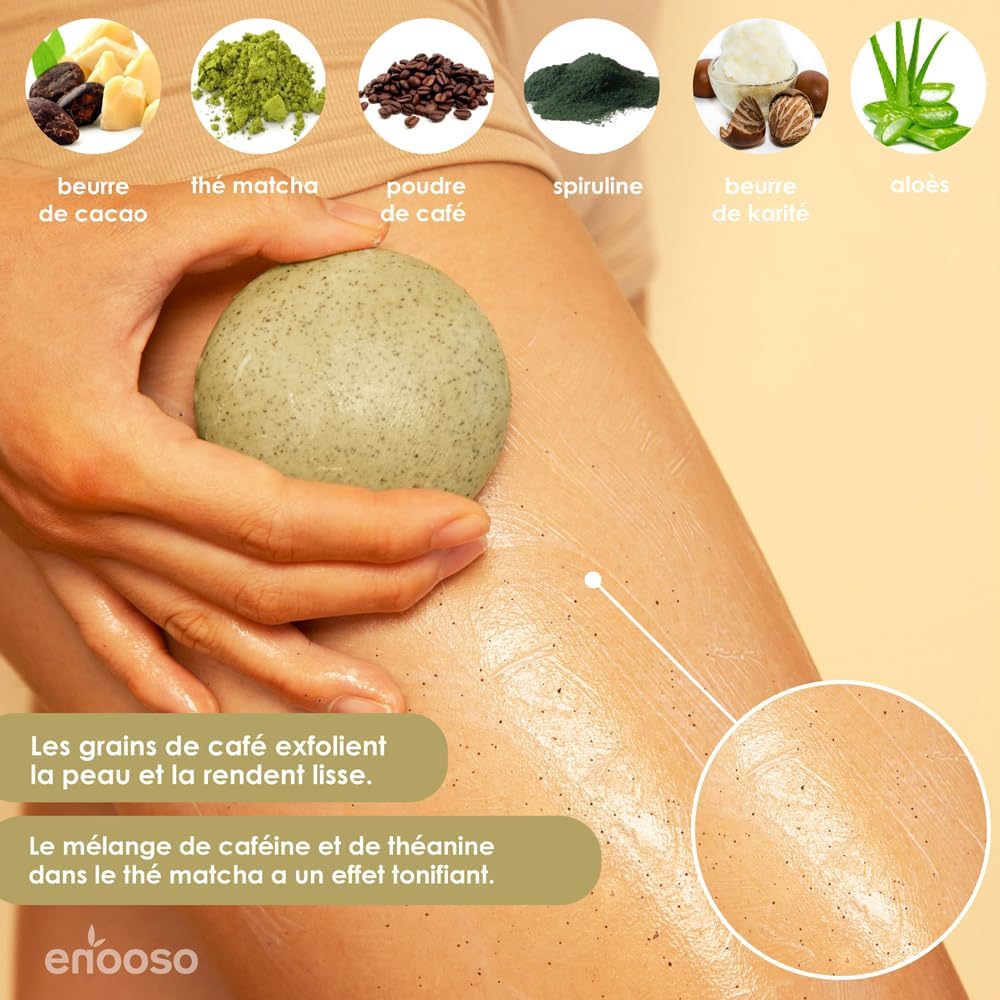 Detalle 2 de Gommage Corps Exfoliant Solide et Bio Revitalisant au Matcha et au Café – 100% Artisan, Vegan et Cruelty Free