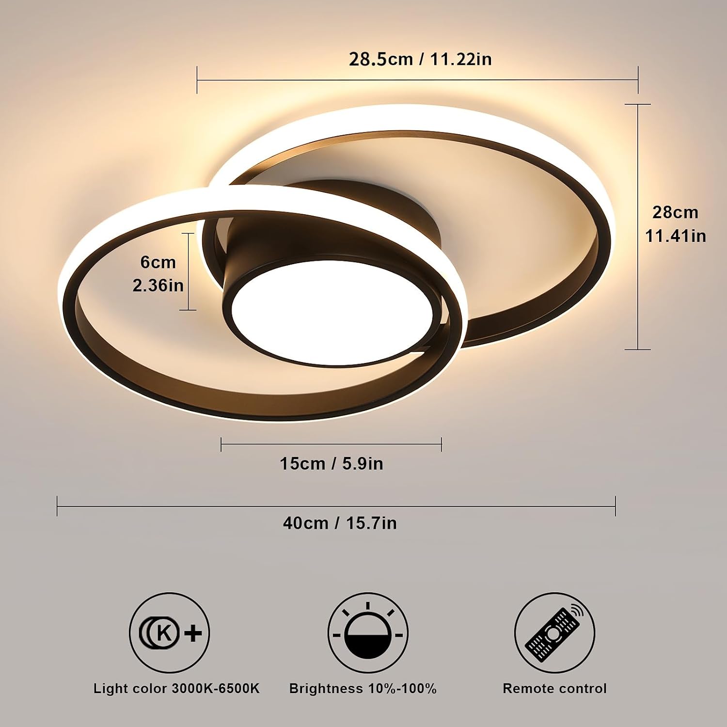 Detalle 1 de Comely Comely1904137, czarny plafon LED 40 cm, 40 W, 4500 lm, z pilotem