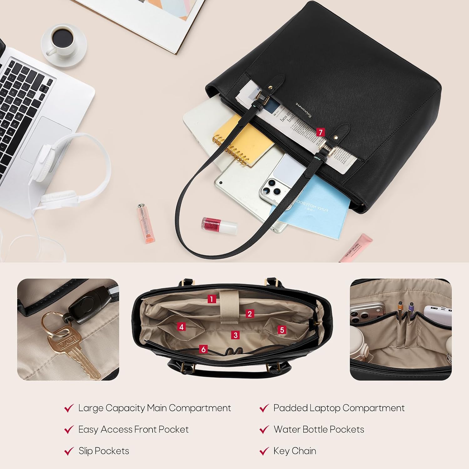 Detalle de RAINSMORE Large Tote Bag for Women: Waterproof PU Leather, 14-Inch Laptop Compartment, Everyday Use