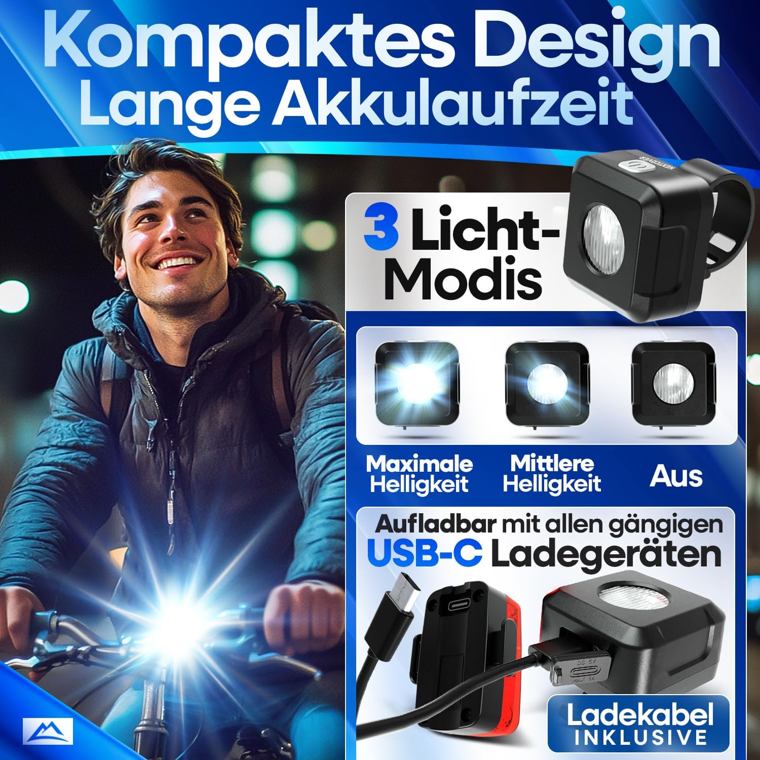 Detalle de NEXTCOVER Fahrradlicht Set mit VisionOne LED – USB-C aufladbar, wasserdicht, StVZO-zugelassen