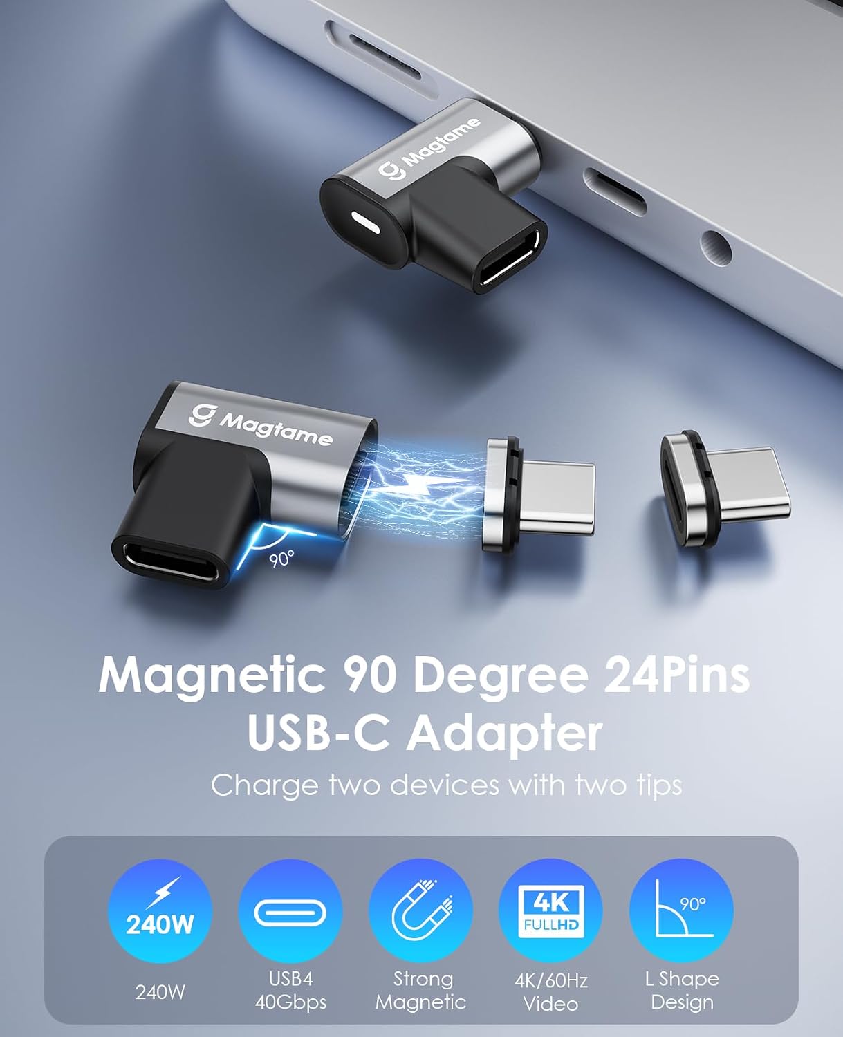 Thumbnail 1 de Magtame 240W Magnetic USB-C 90 Degree Adapter (Right Angle) with 2 x 24-pin tips