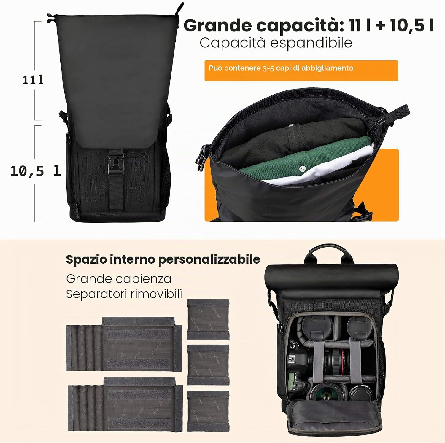 Thumbnail 2 de TARION Zaino rolltop per fotocamera impermeabile con vano rimovibile per laptop fino a 15,6