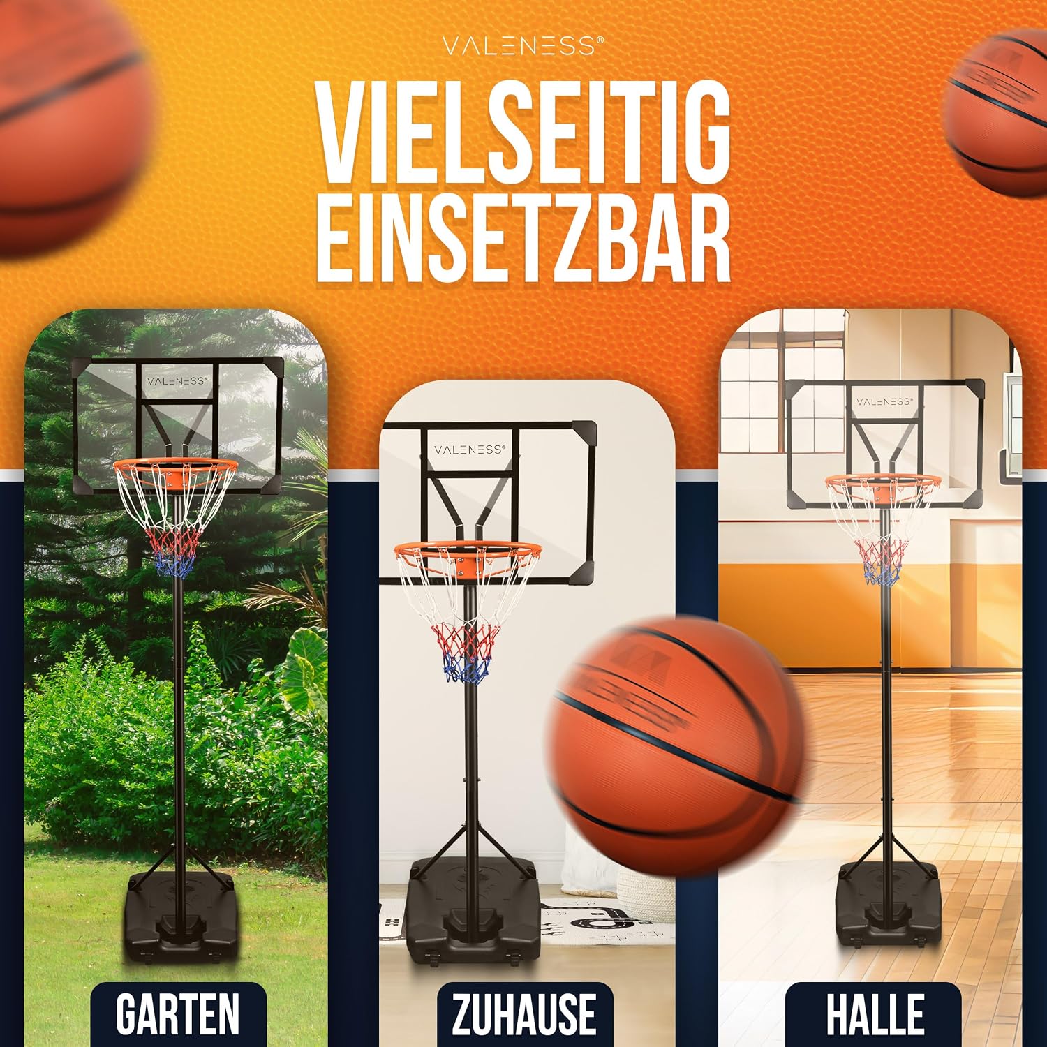 Detalle de VALENESS® Basketballkorb Outdoor – Höhenverstellbar 135–305 cm, wetterfest, inklusive Ball, Pumpe und Anleitung
