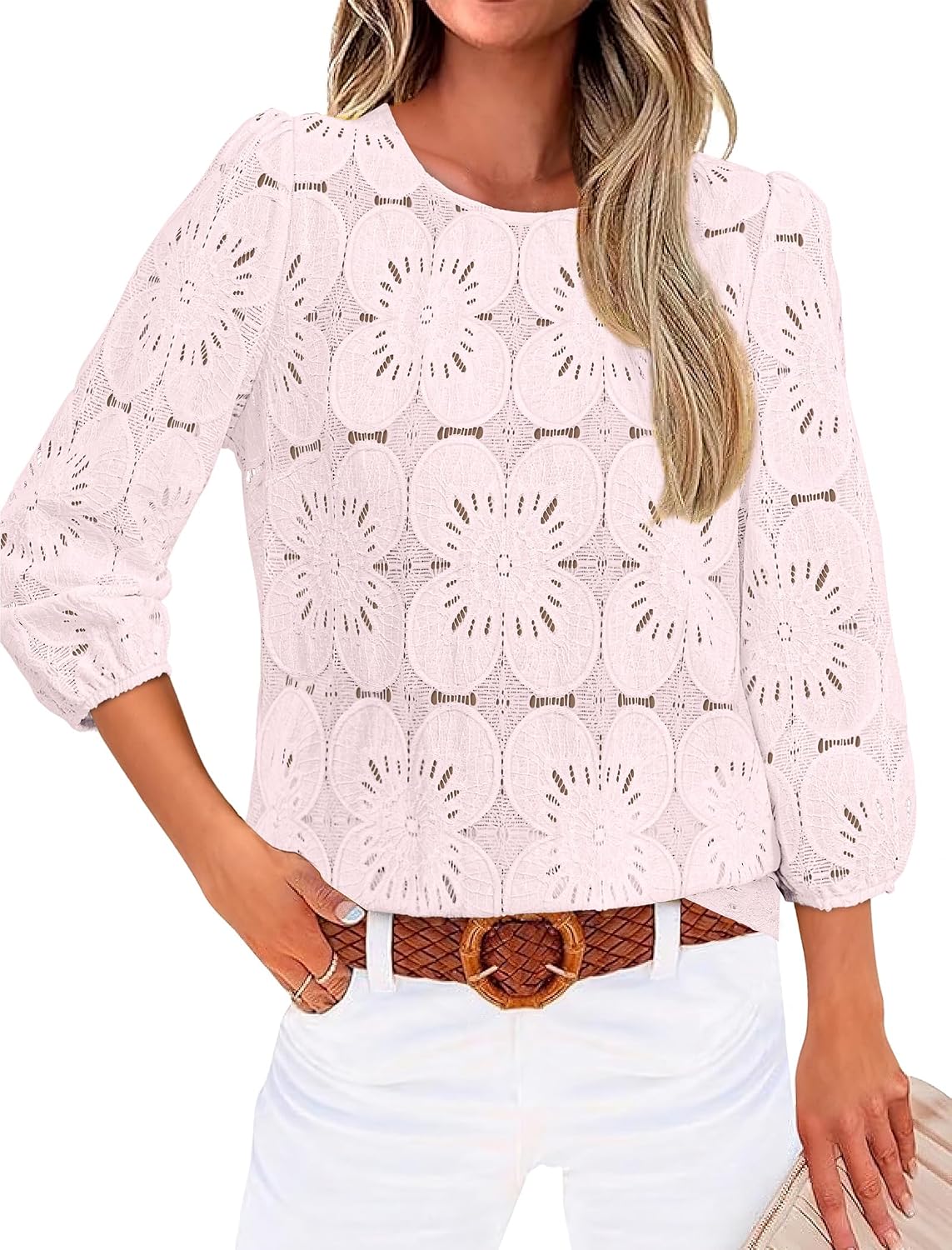Detalle de Sampeel Women’s Lace Eyelet 3/4 Sleeve Blouse (Dressy-Casual Puff Sleeve Top)