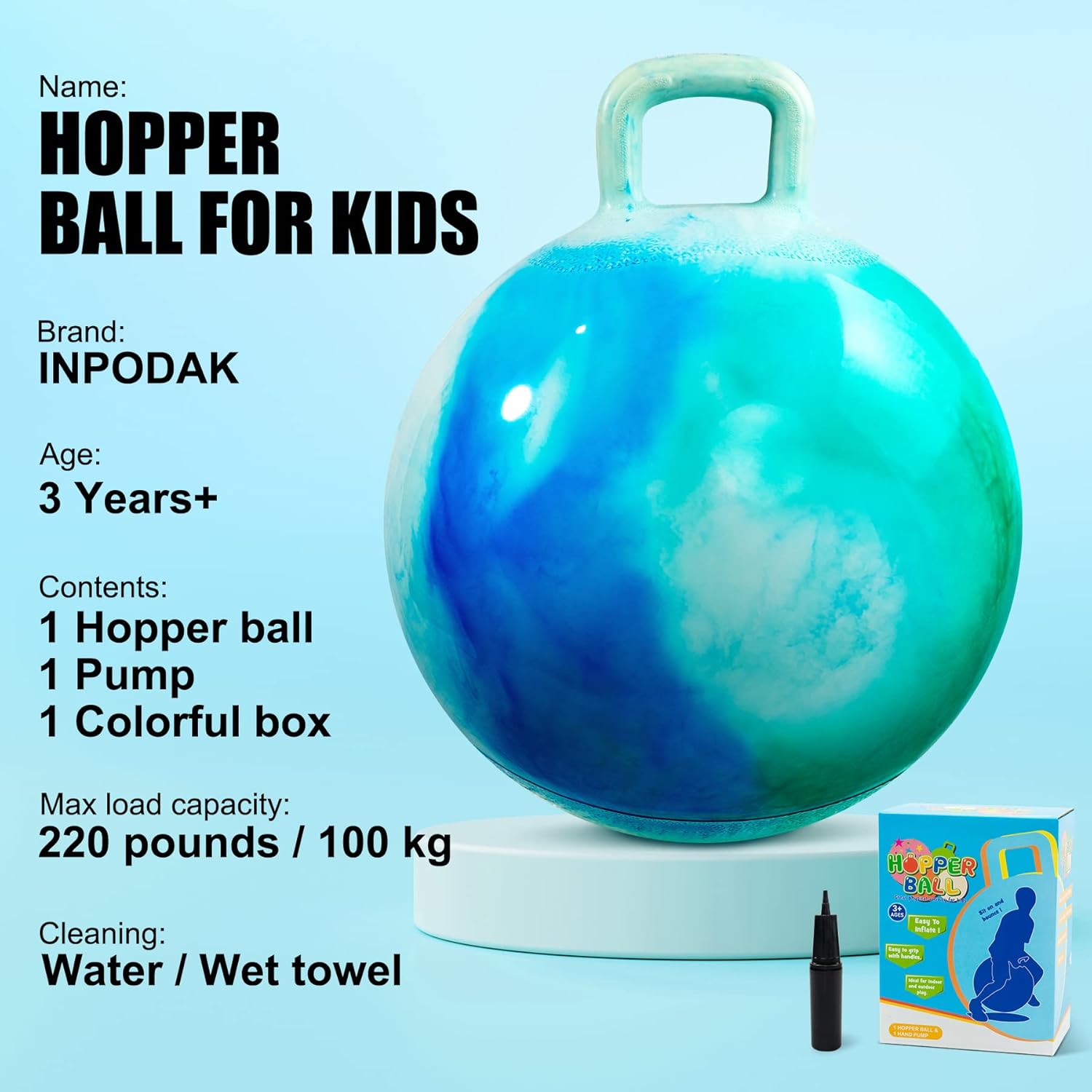 Thumbnail 1 de INPODAK Hopper Ball 18 Inch with Handle for Kids (Ages 3–6) – Bouncy Ball Toy with Pump and Gift Box