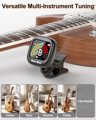 Detalle de New Bee Guitar Tuner Clip On: Rechargeable, Bright VA Display, Multi-Instrument Clip-On Tuner