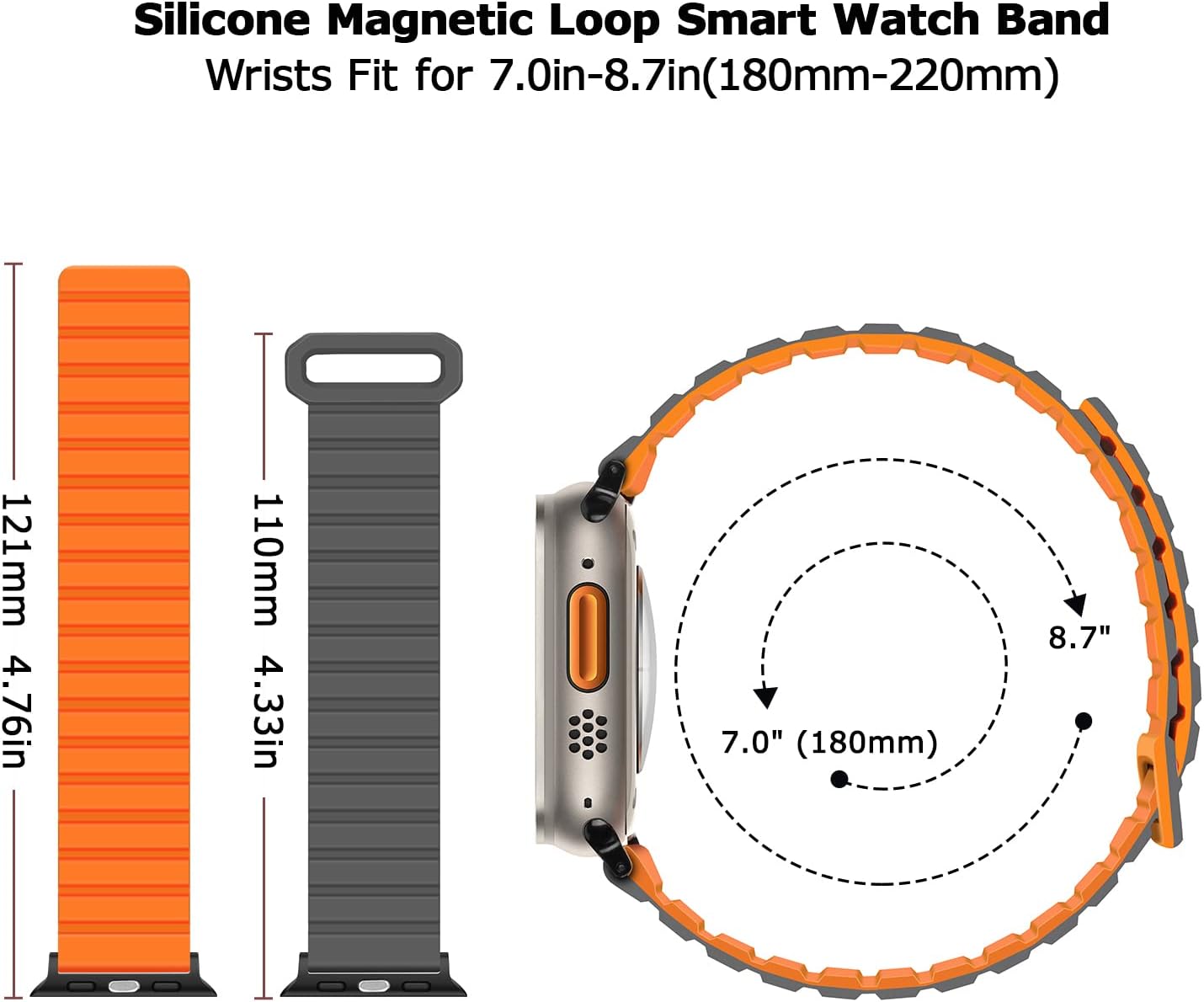 Thumbnail 5 de Tasikar Magnetic Silicone Apple Watch Strap (42–49mm) – Grey/Orange