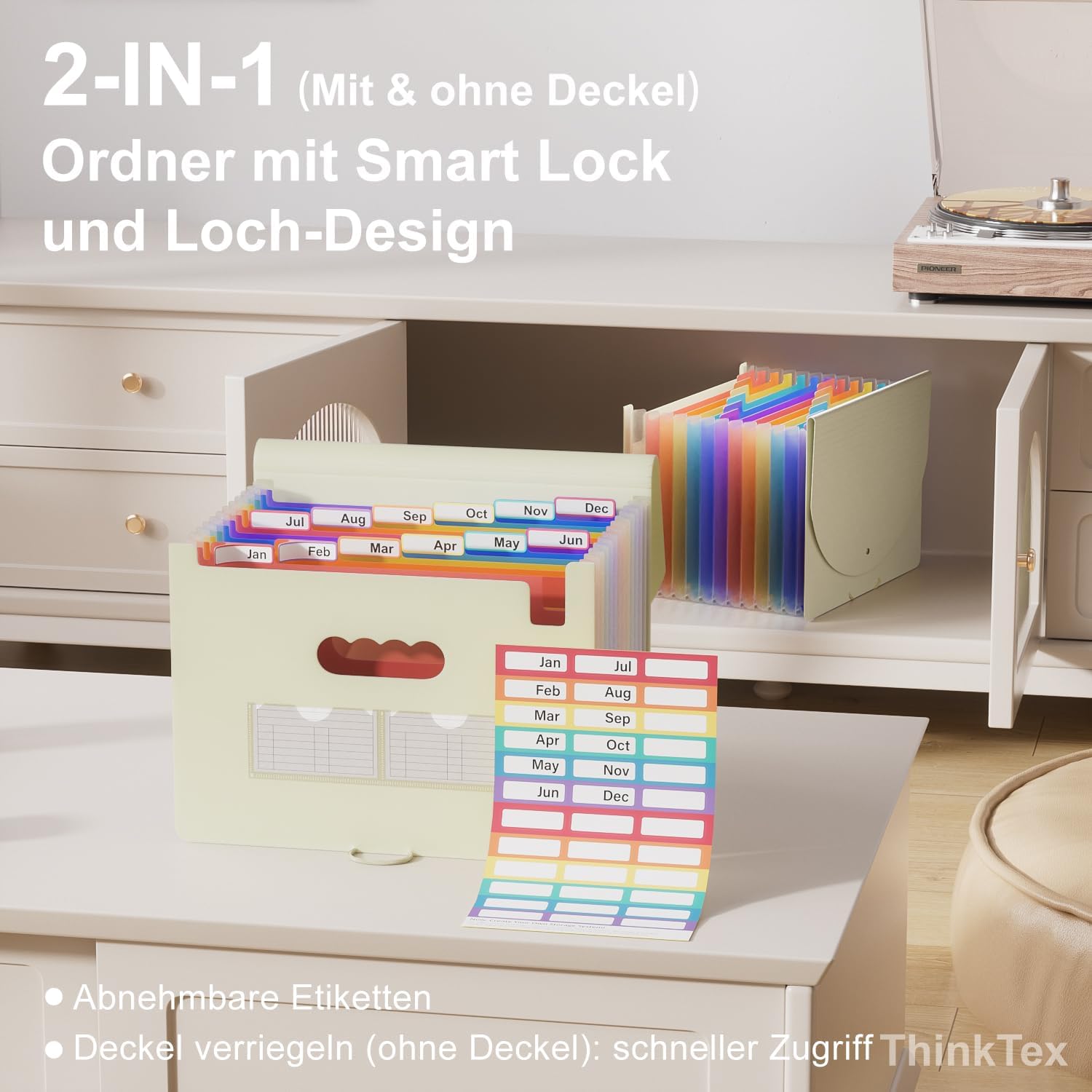 Detalle de ThinkTex 12‑Fächer Dokumentenmappe A4 – Morandi Gelb (Sortiermappe mit Kordelzug und Verschlussknopf)