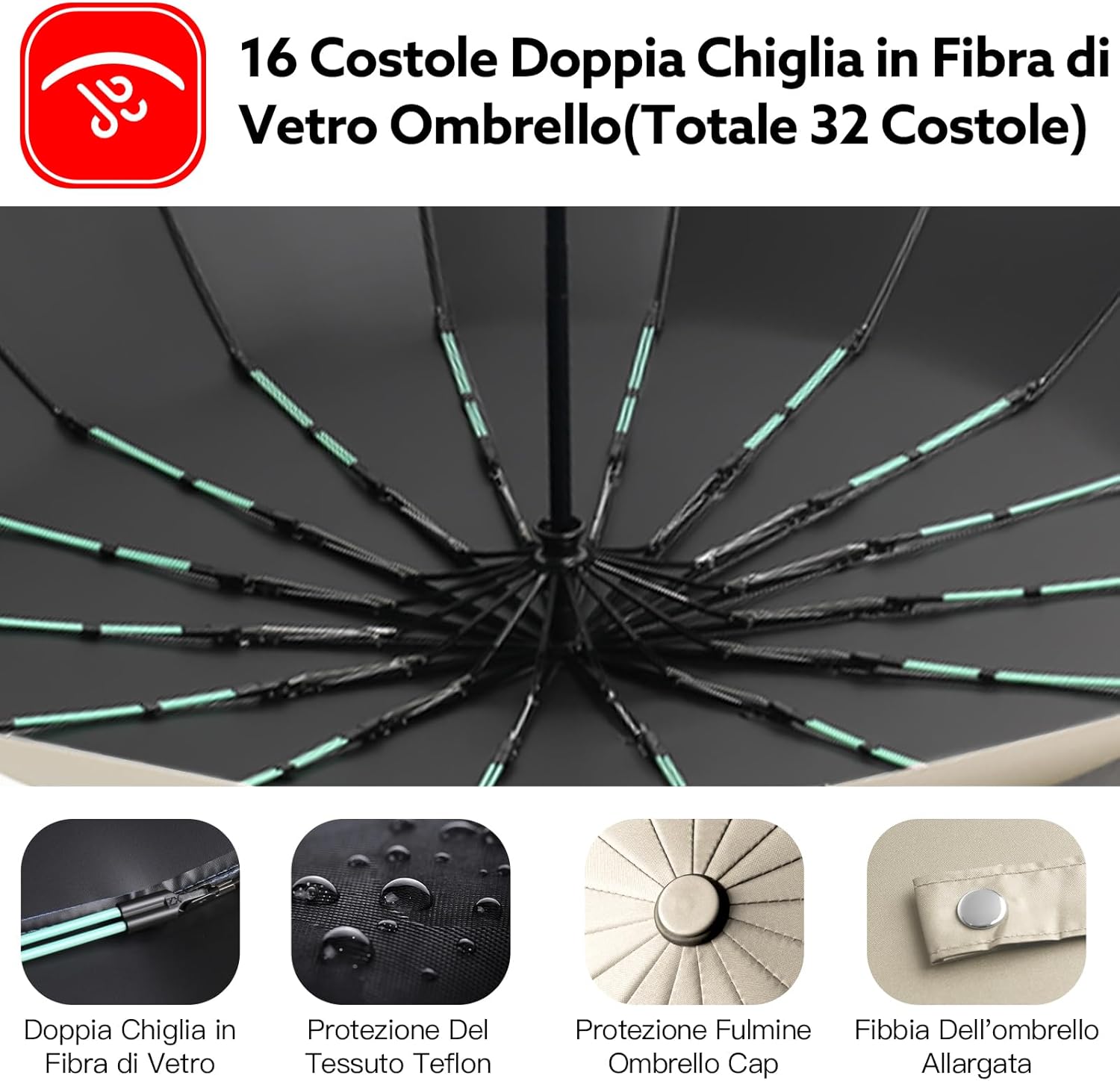 Detalle de LENDOO Ombrello pieghevole antivento con apertura automatica – 16 coste, UPF>50, peso 580 g