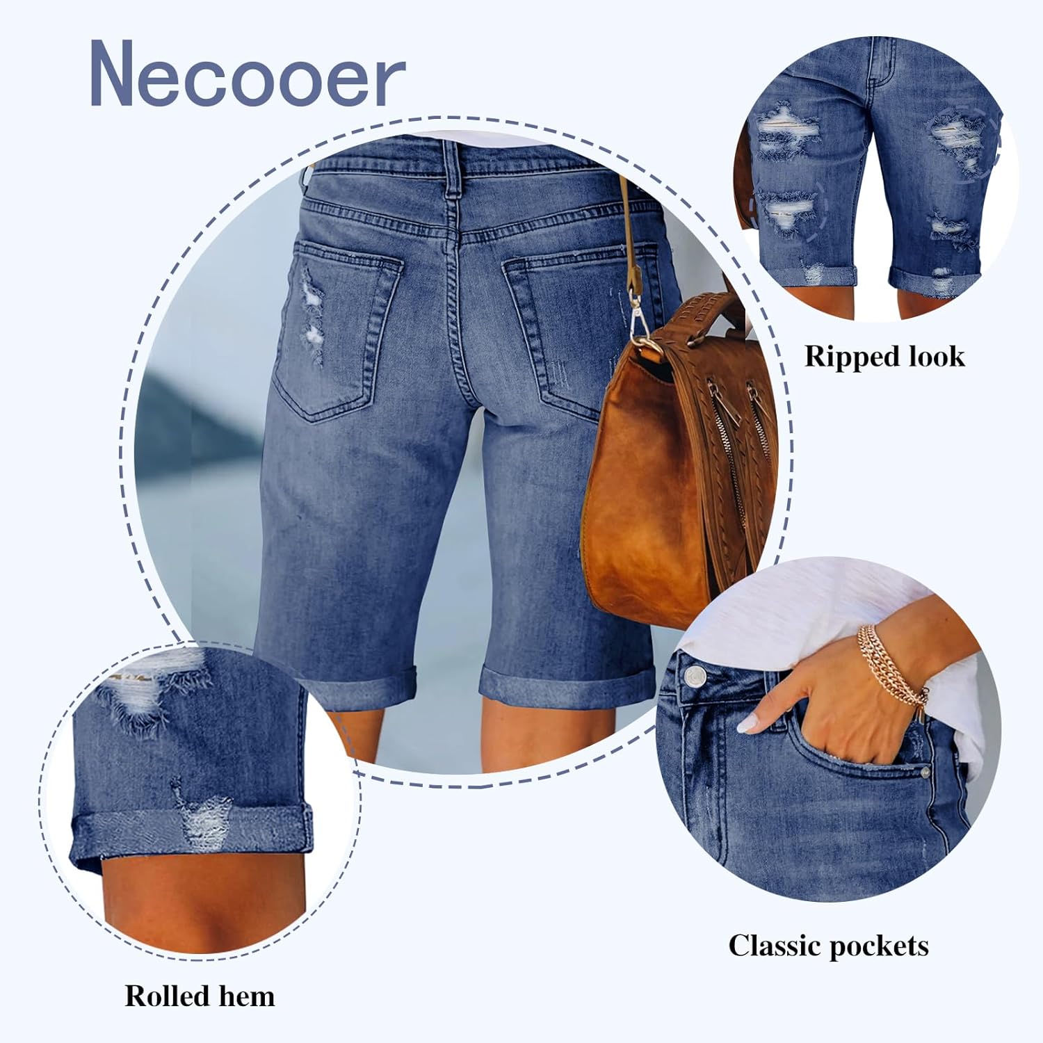 Thumbnail 3 de Necooer Damen Sommer Denim Shorts – Loose Fit, Zerrissene Jeans mit aufgerolltem Saum (S, 09-Blau)