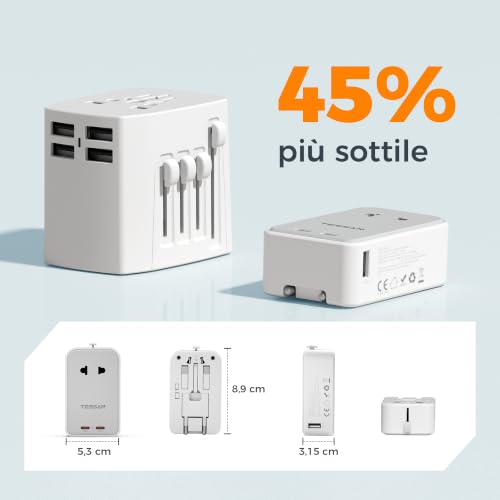 Detalle de TESSAN Adattatore Universale da Viaggio 5 in 1 con 2 USB-C PD 45W e 2 USB-A