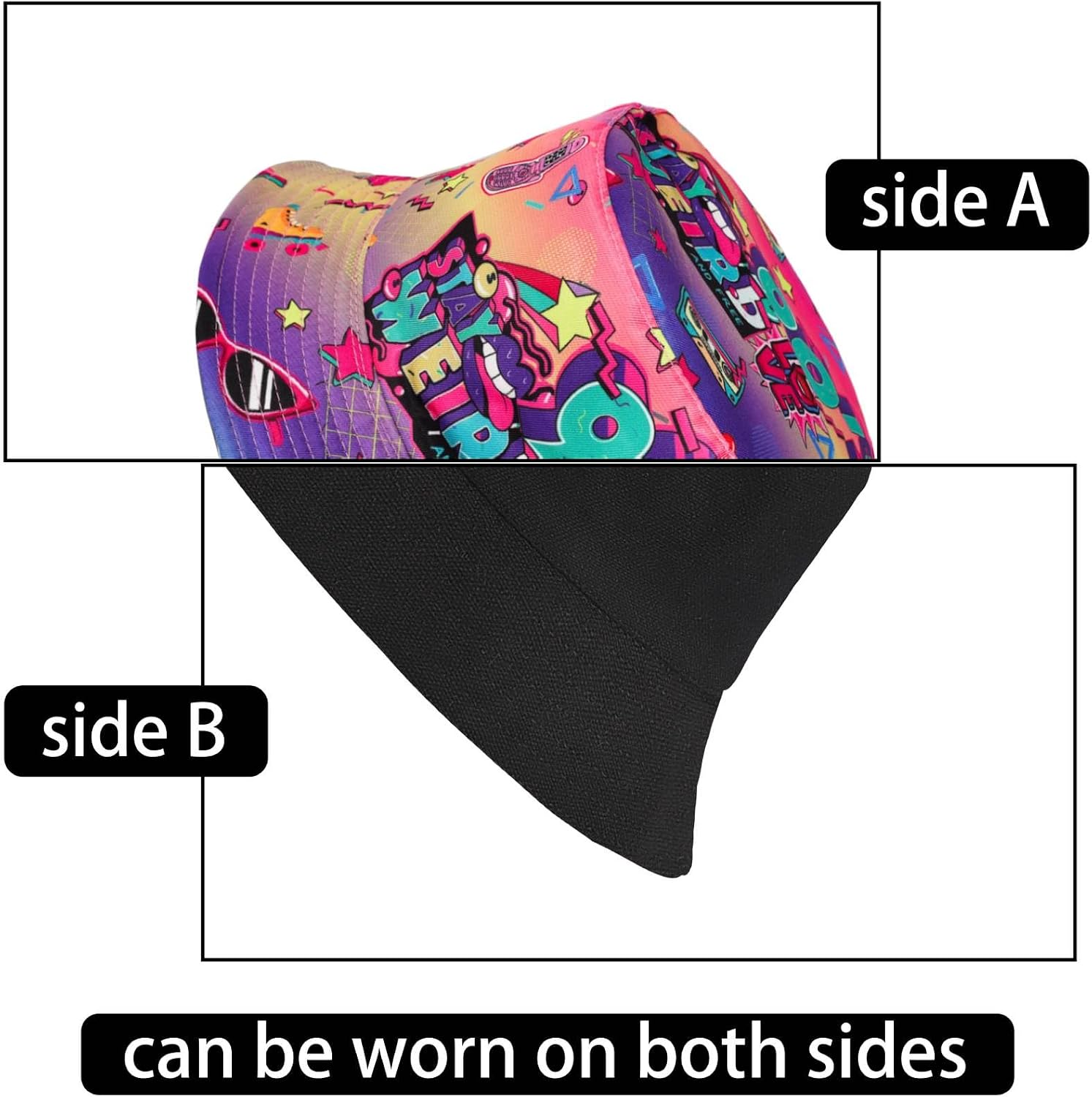 Detalle de MILAKOO Fischerhut Bucket Hat Retro 80er/90er Stil – uni, reversibel, doppelseitig