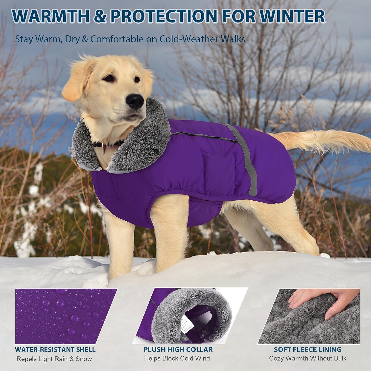 Detalle de Dogcheer 2003 Dog Coat, Small Purple Fleece-Lined, Water-Resistant & Reflective
