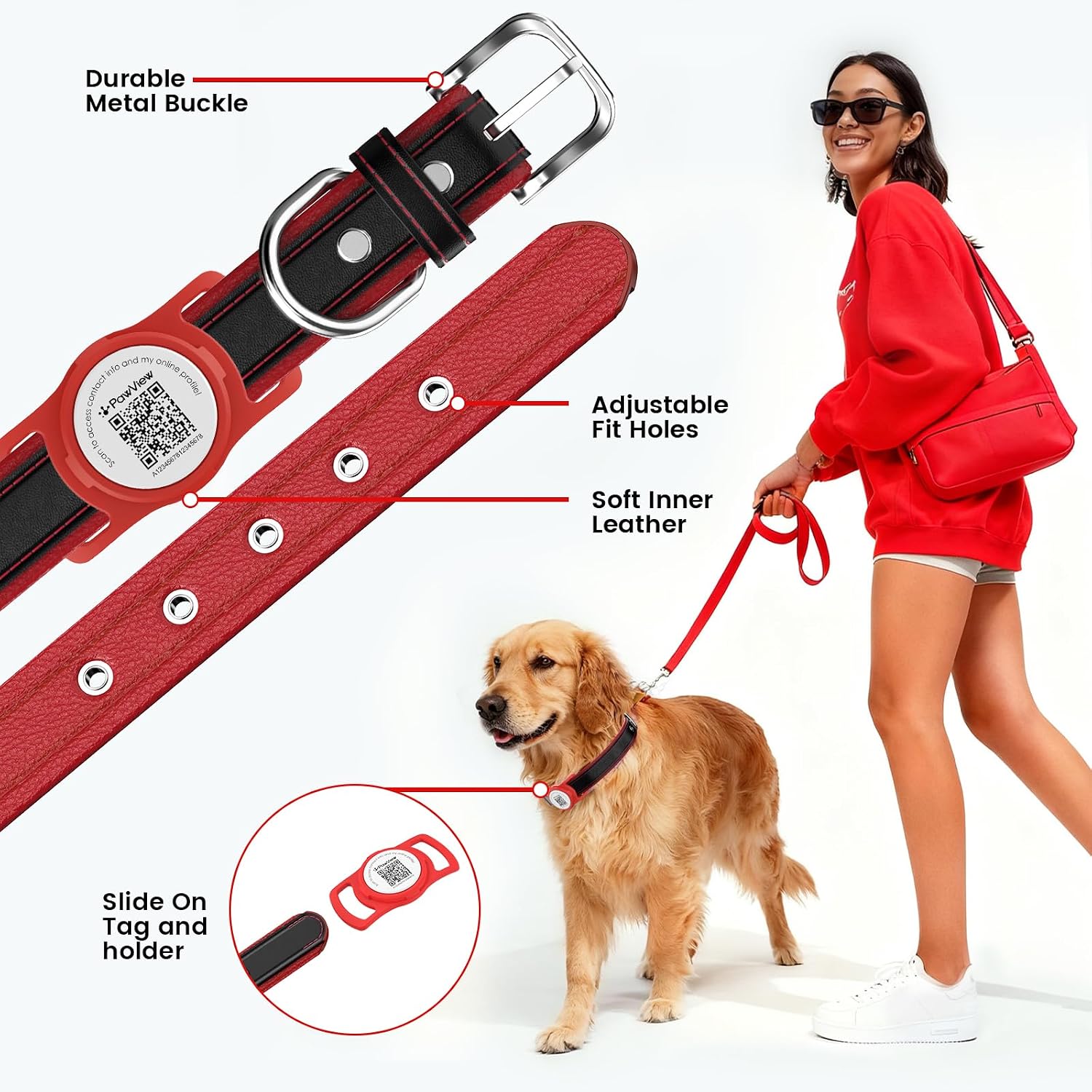 Thumbnail 2 de Genuine Leather Dog Collar with AirTag Holder – Adjustable, Soft Padded & Breathable (S/L), Red