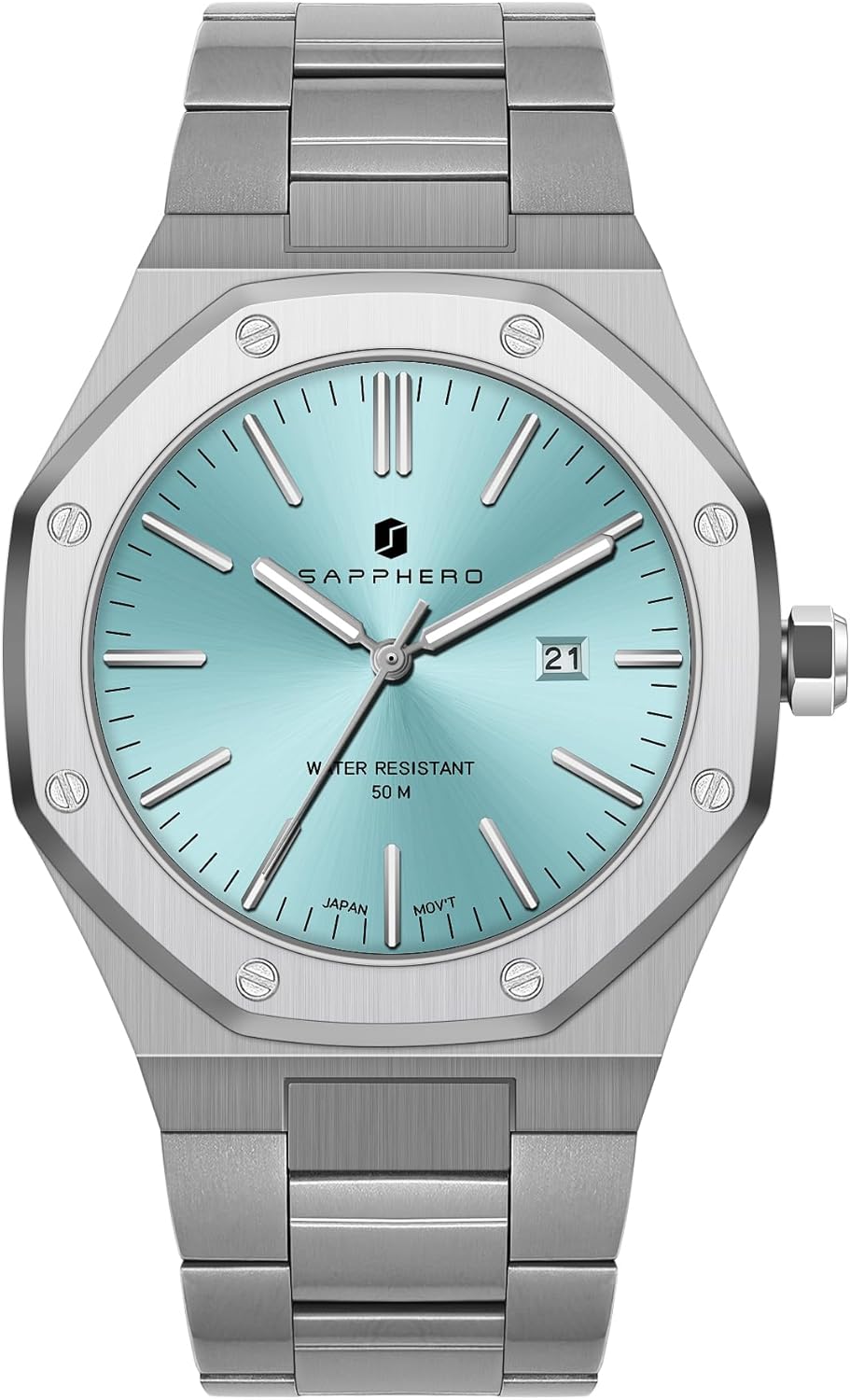 Thumbnail 5 de SAPPHERO Montre pour Hommes en Acier Inoxydable — Montre 50M, boîtier octogonal, quartz japonais, avec date et luminosité