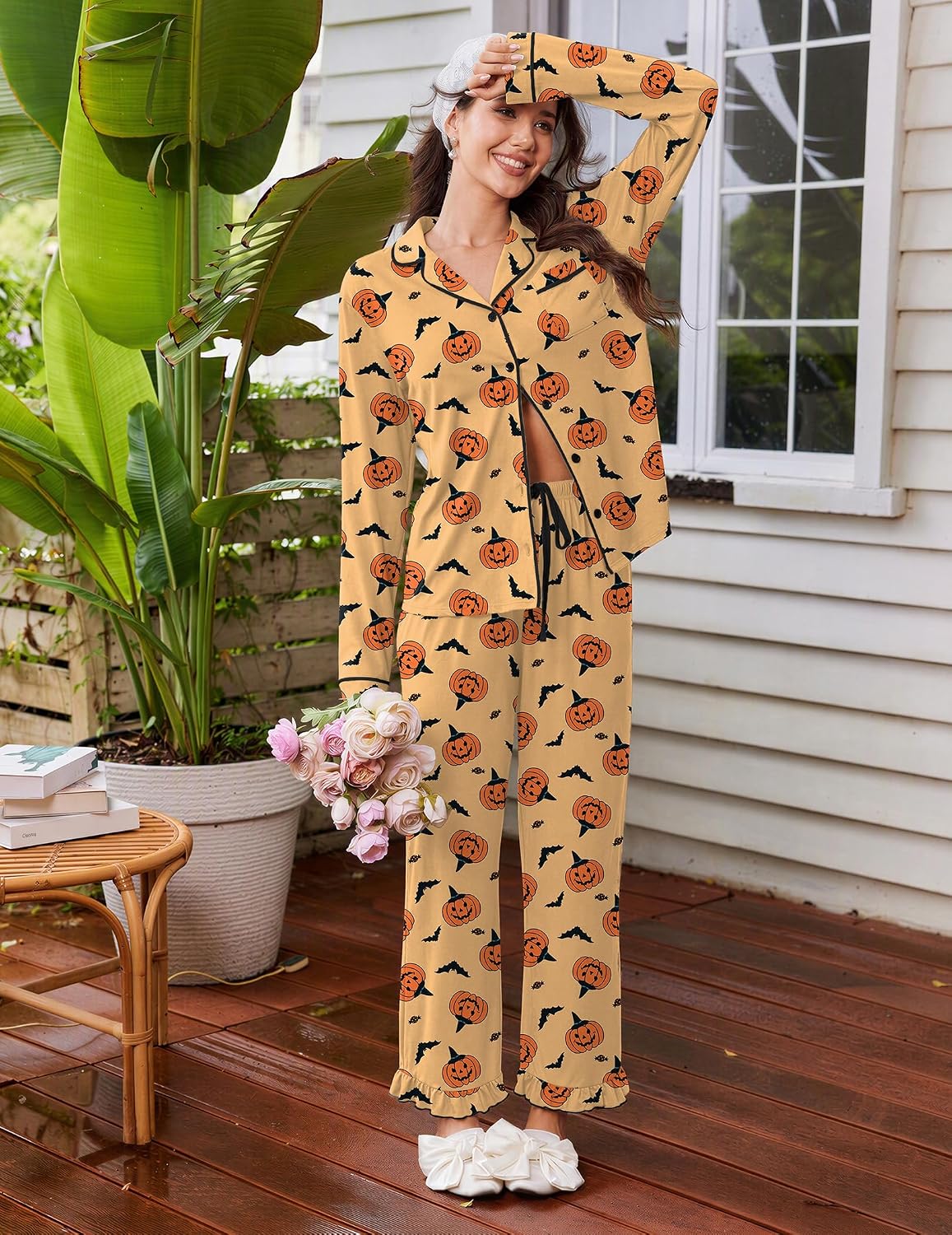 Detalle de Ekouaer Women's Pajama Set, Button-Down