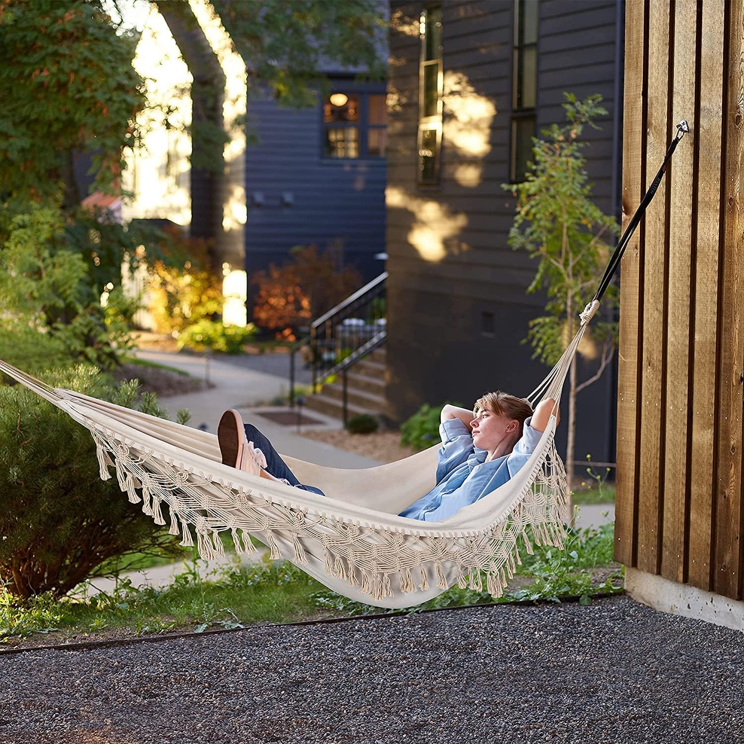 Thumbnail 3 de Outdoor Garden Hammock Double 2 Person Brazilian Cotton Hammock – Beige (240x150cm, 450lbs)