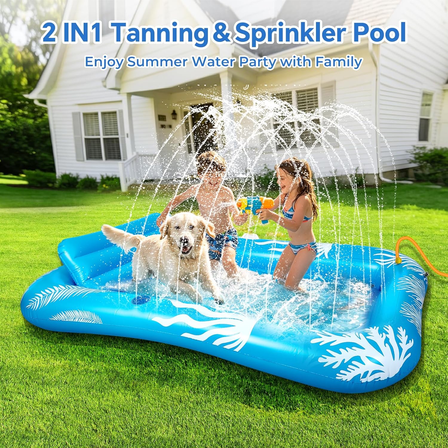 Detalle de Inflatable Tanning Pool Lounger Float with Sprinkler — 6-in-1 Suntan Tub Raft for Adults (71" x 47.3"), Drink Holder & Pillow