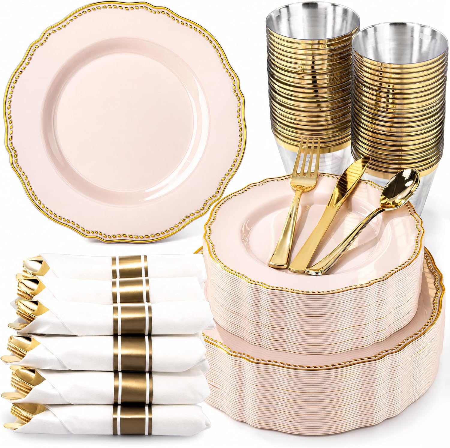 Detalle de Hioasis 350pcs Pink and Gold Plastic Plates Set – Elegant Disposable Dinnerware for 50 Guests