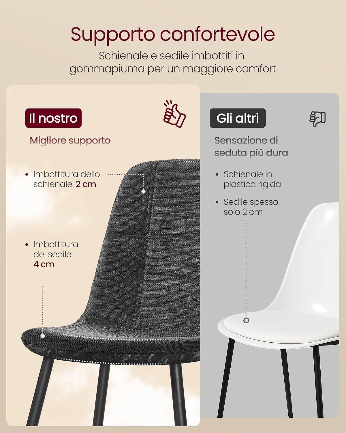 Thumbnail 5 de Set di 4 sedie da pranzo VASAGLE KDC188G01, schienale reclinabile e rivestimenti in ciniglia e PU
