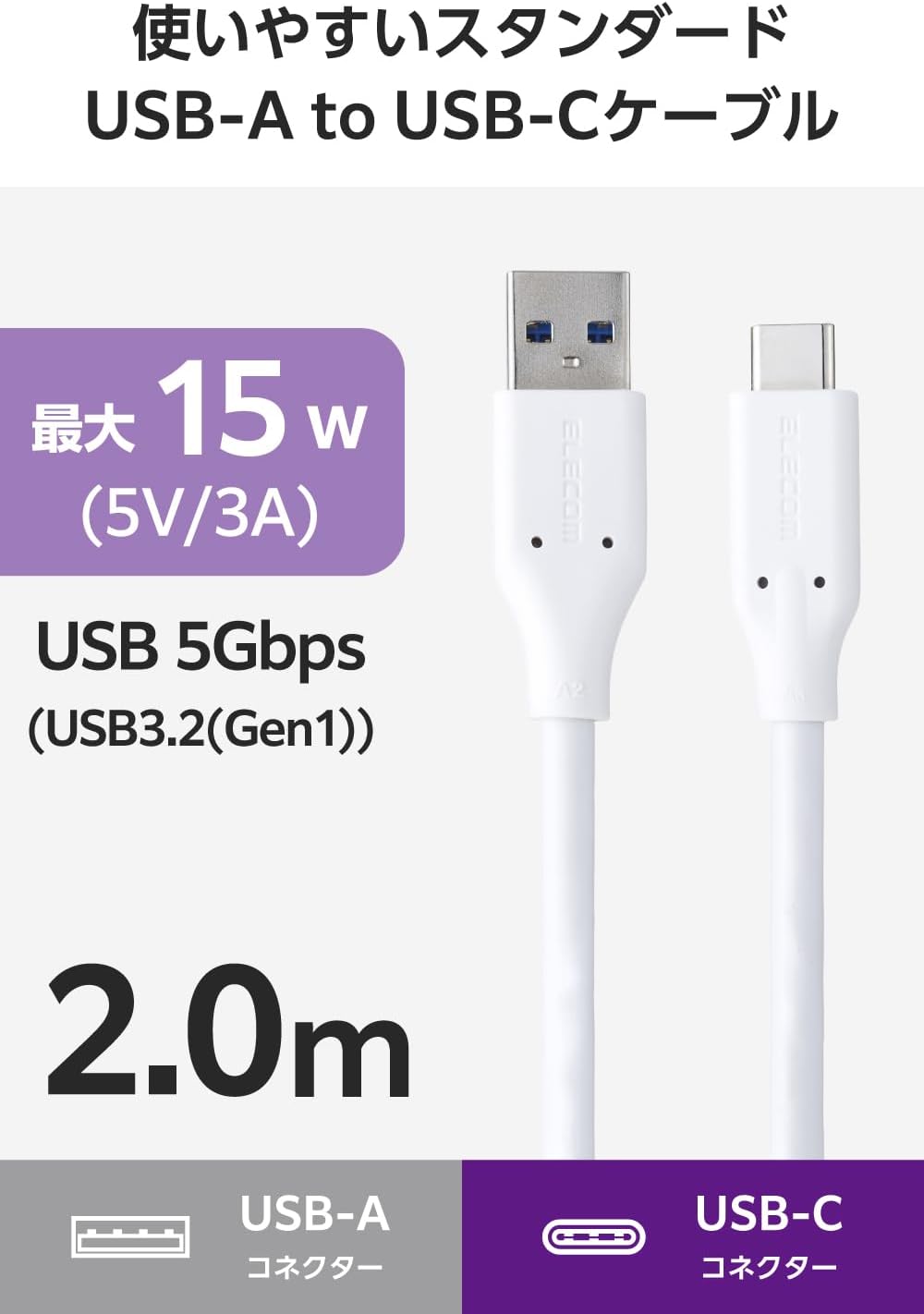 Detalle de エレコム MPA-ACEC5G20WH USB-Cケーブル 2m USB3.2・最大5Gbps・15W対応 ホワイト