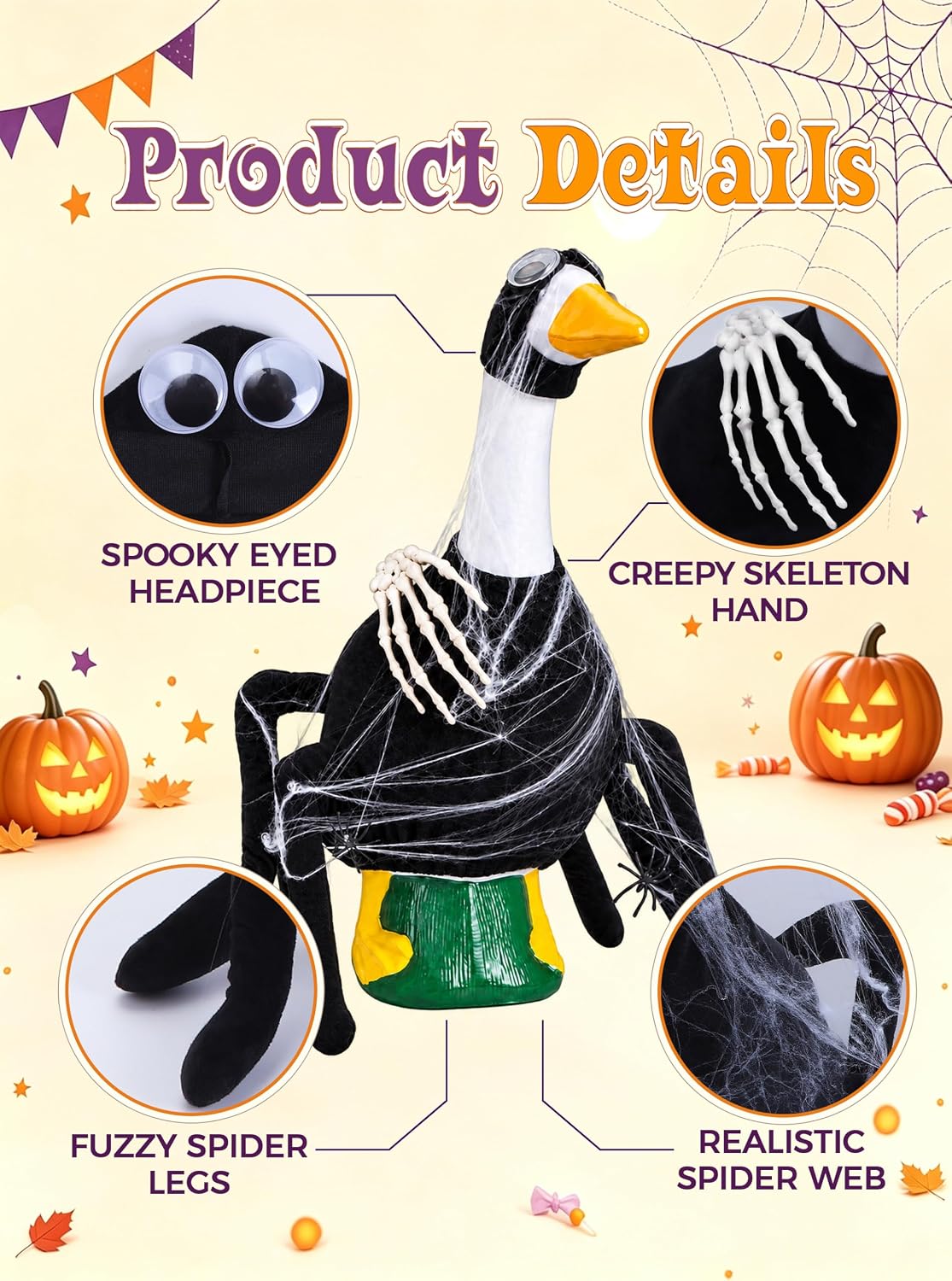 Detalle 2 de fulasiteu SpiderGoose Halloween Porch Goose Costume, 23-Inch Fit with Spider Web