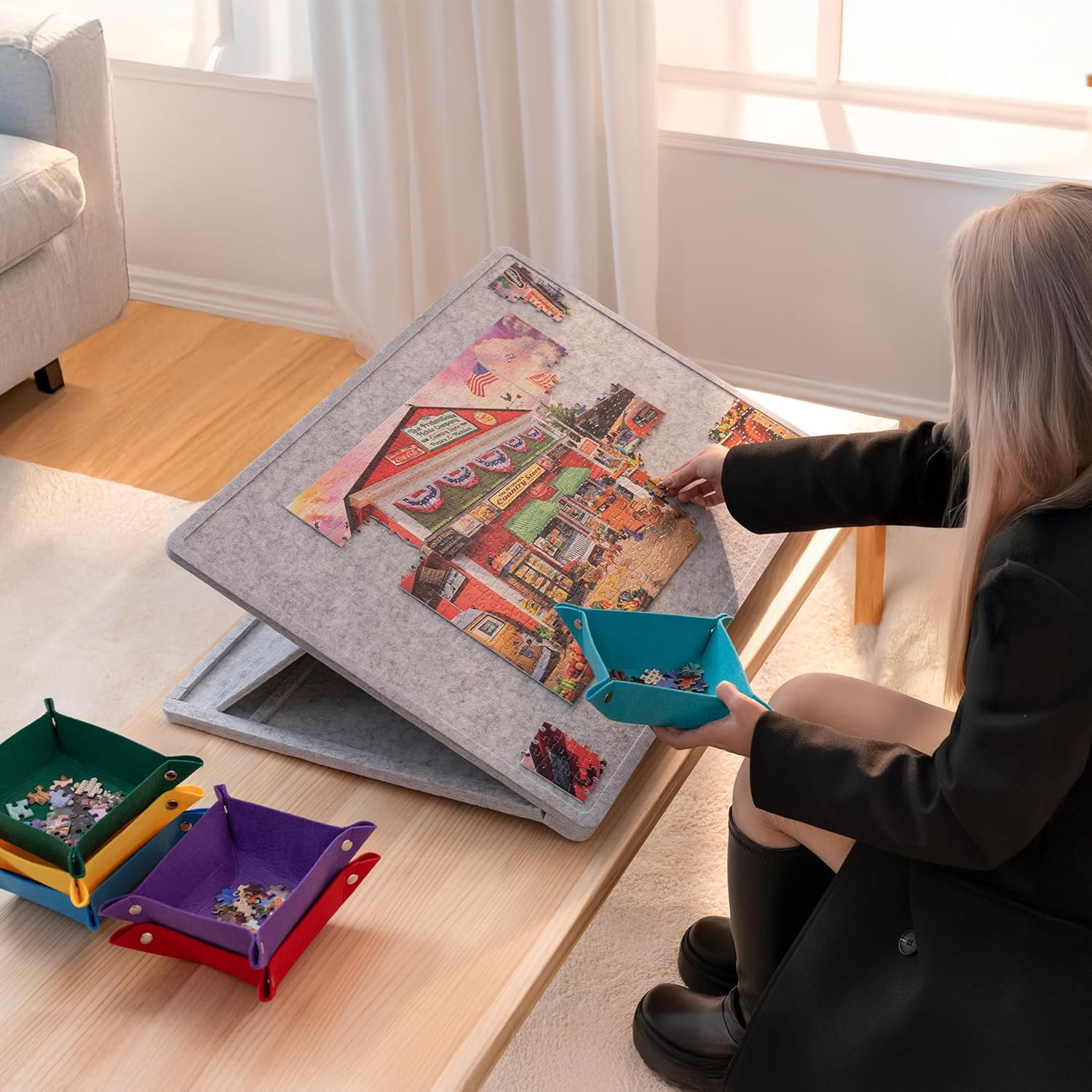 Thumbnail 6 de Lavievert 1000 Piece Tilting Jigsaw Puzzle Board with 6 Colour Sorting Trays & Cover