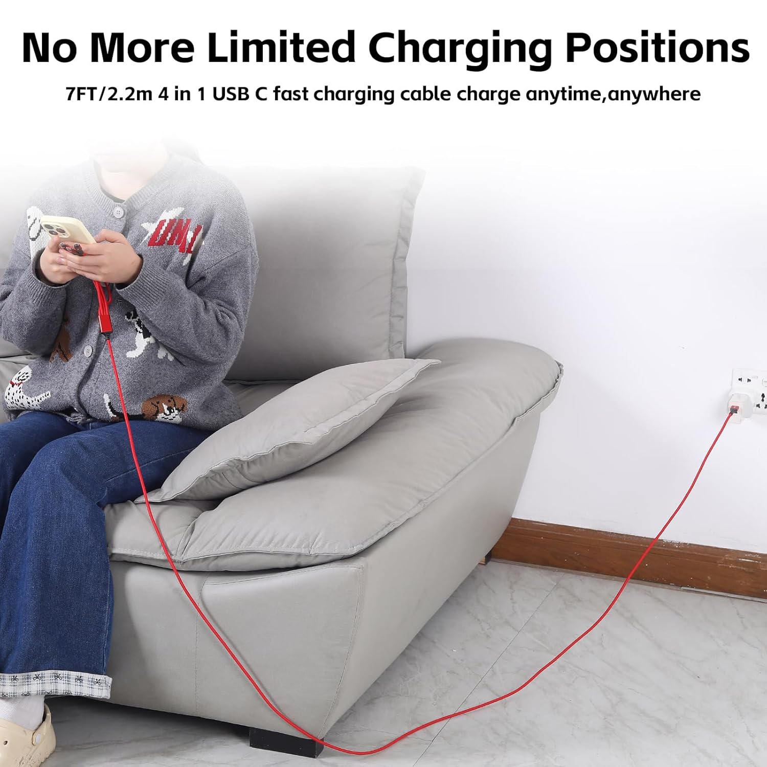 Thumbnail 5 de Amuvec 4 in 1 USB-C Multi Charger Cable (2.2m) – 3A USB-A to 4 Type-C Splitter, QC 3.0, braided lead (Red)