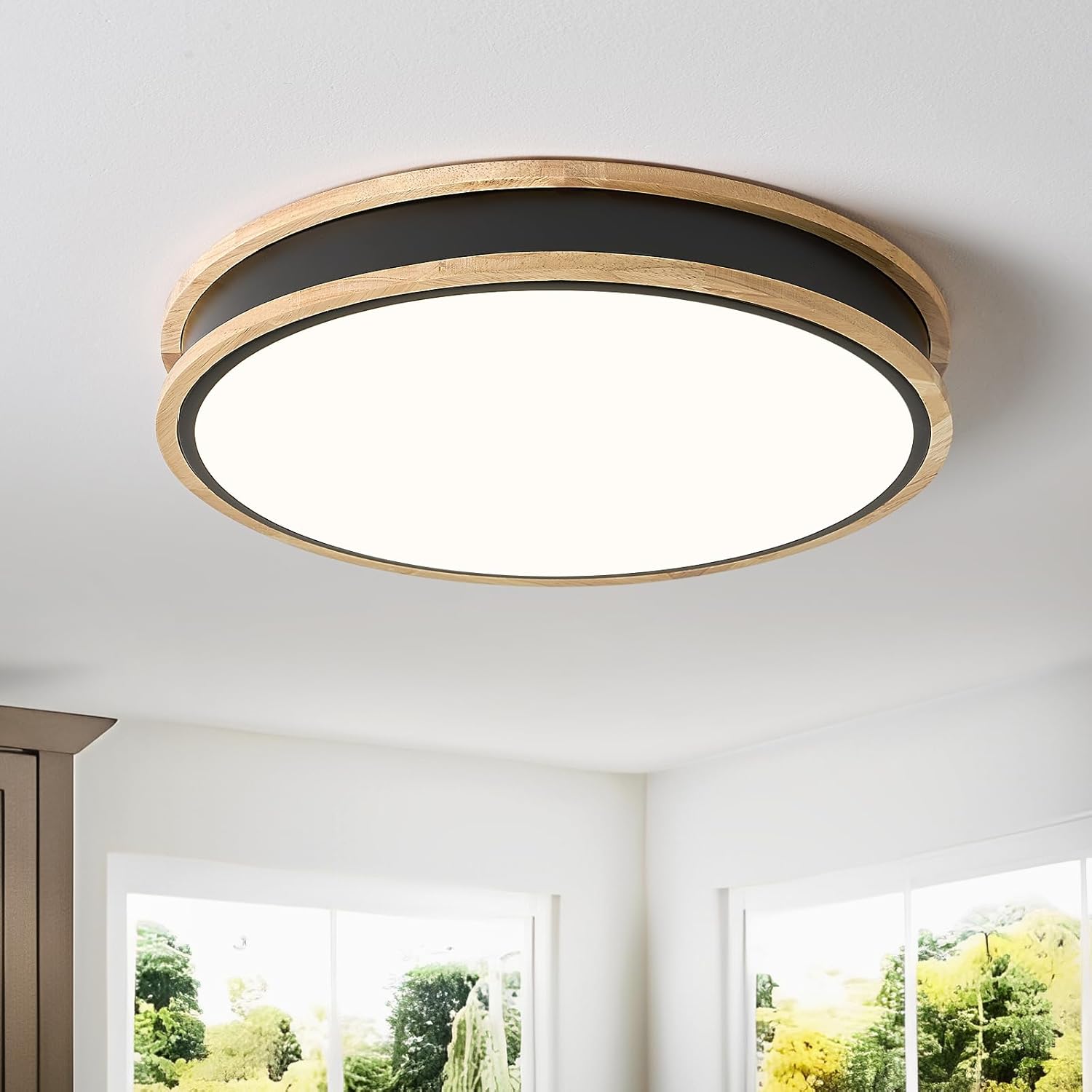Vikaey Plafonnier LED en bois noir 30 cm – 24 W, lumière 4000 K