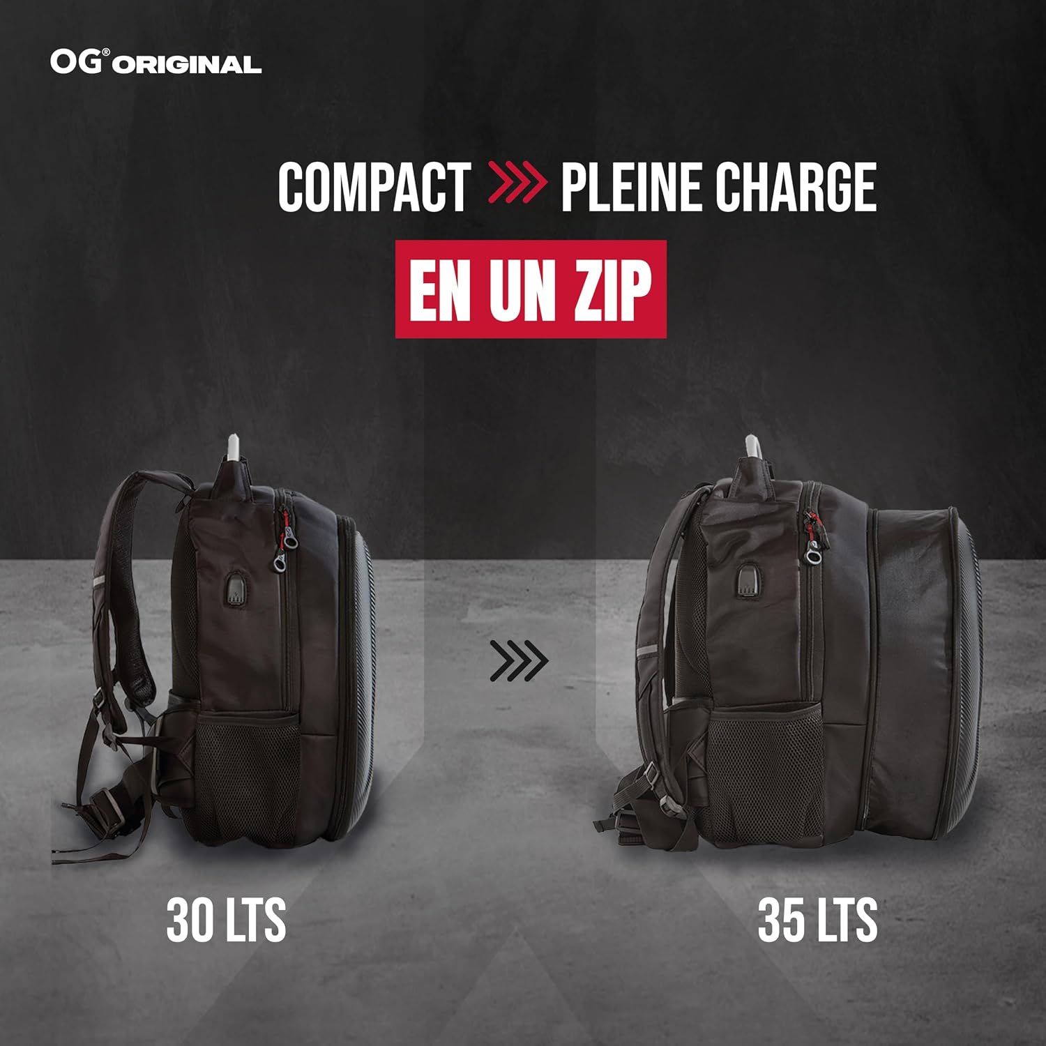 Detalle 2 de OG Original GetAway sac à dos moto étanche extensible 35L/45L pour homme, compartiment casque et USB
