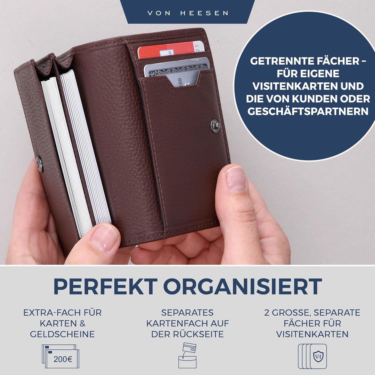 Detalle de VON HEESEN Visitenkartenetui Leder mit RFID-Schutz – 50 Karten, 6 Fächer, Braun