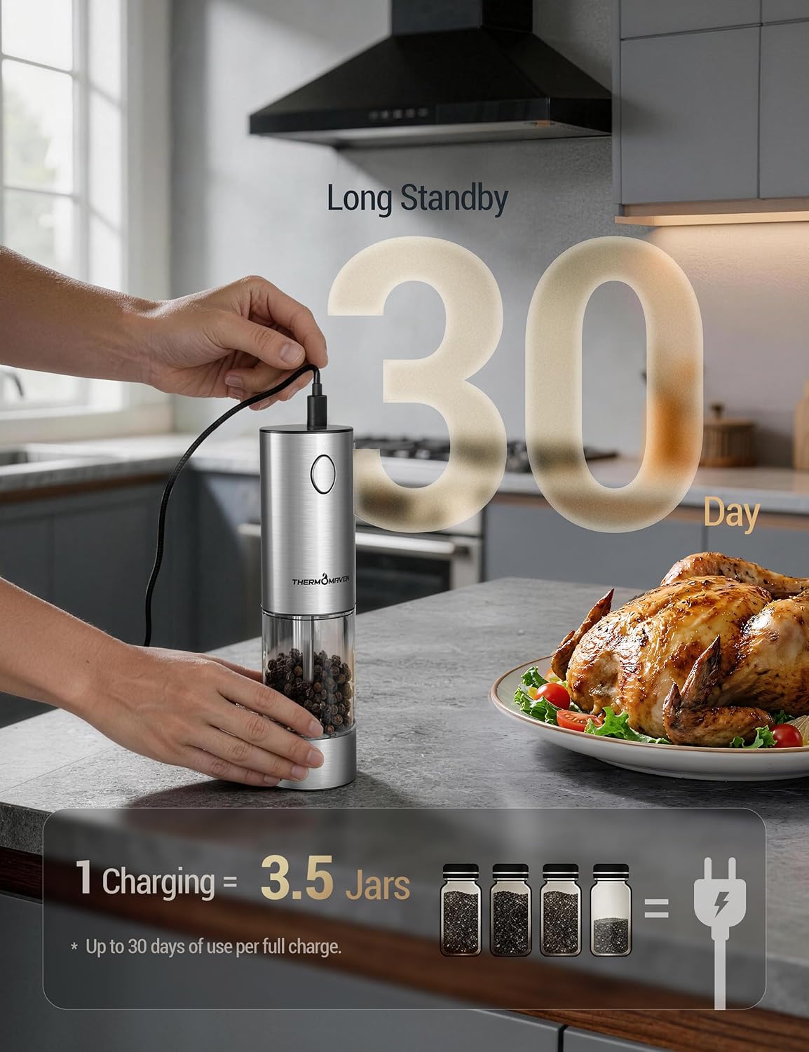 Detalle 2 de ThermoMaven Electric Salt and Pepper Grinder 110 ml ๐ง