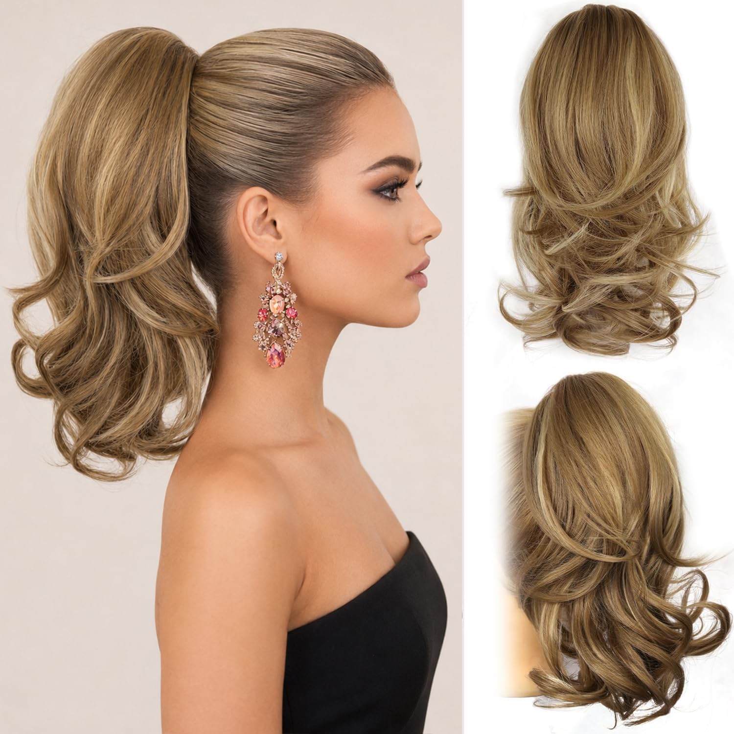 Detalle de ZQIAN BEAUTY 14 Inch Ponytail Extension (Wavy) with Claw Clip in Light Brown with Beige Highlights