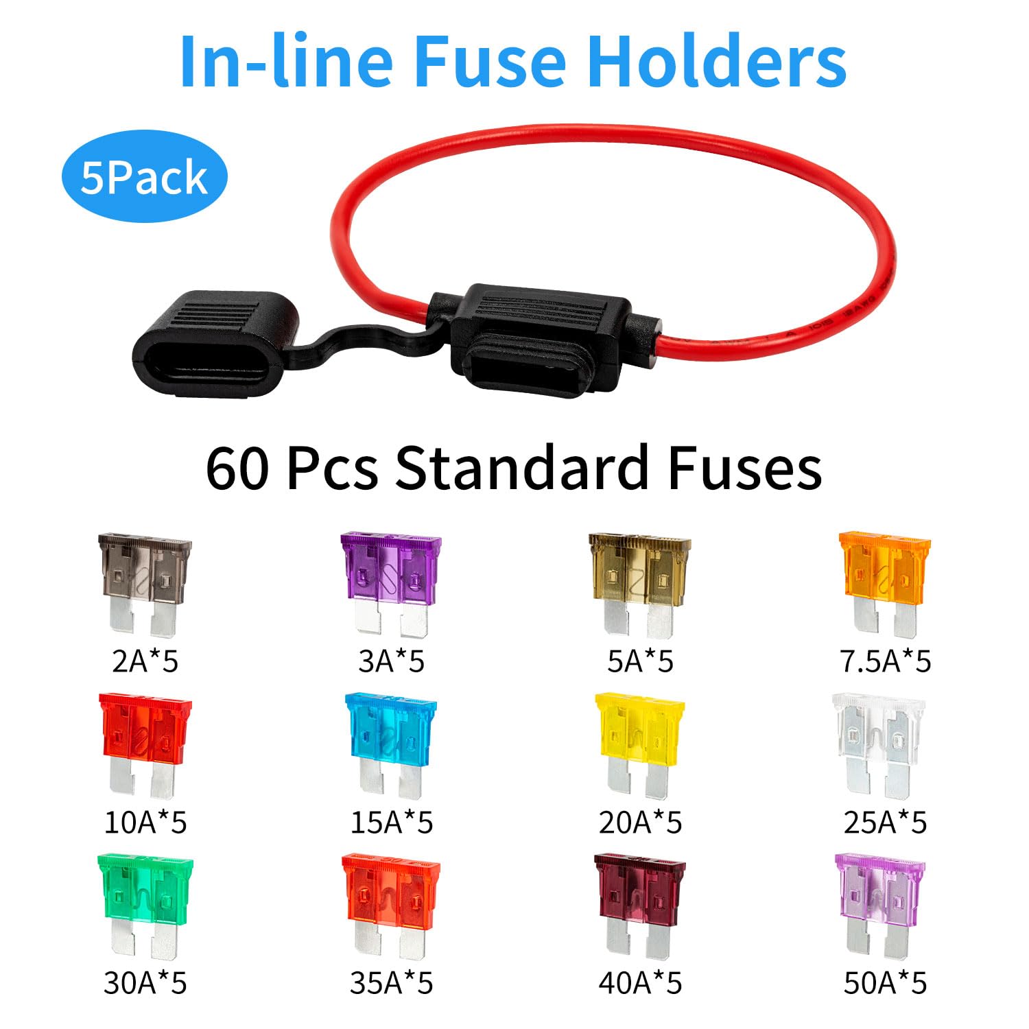 Thumbnail 1 de AOGEWON Ifh-12awg-5pk Waterproof Inline Fuse Holders, 12 AWG, 60 Standard Blade Fuses