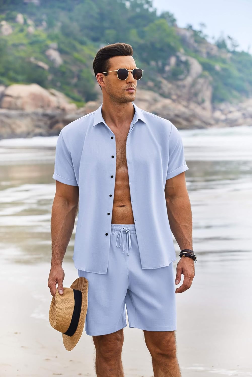 Detalle 2 de COOFANDY Men's Linen-Texture Shirt and Shorts Set, Short Sleeve