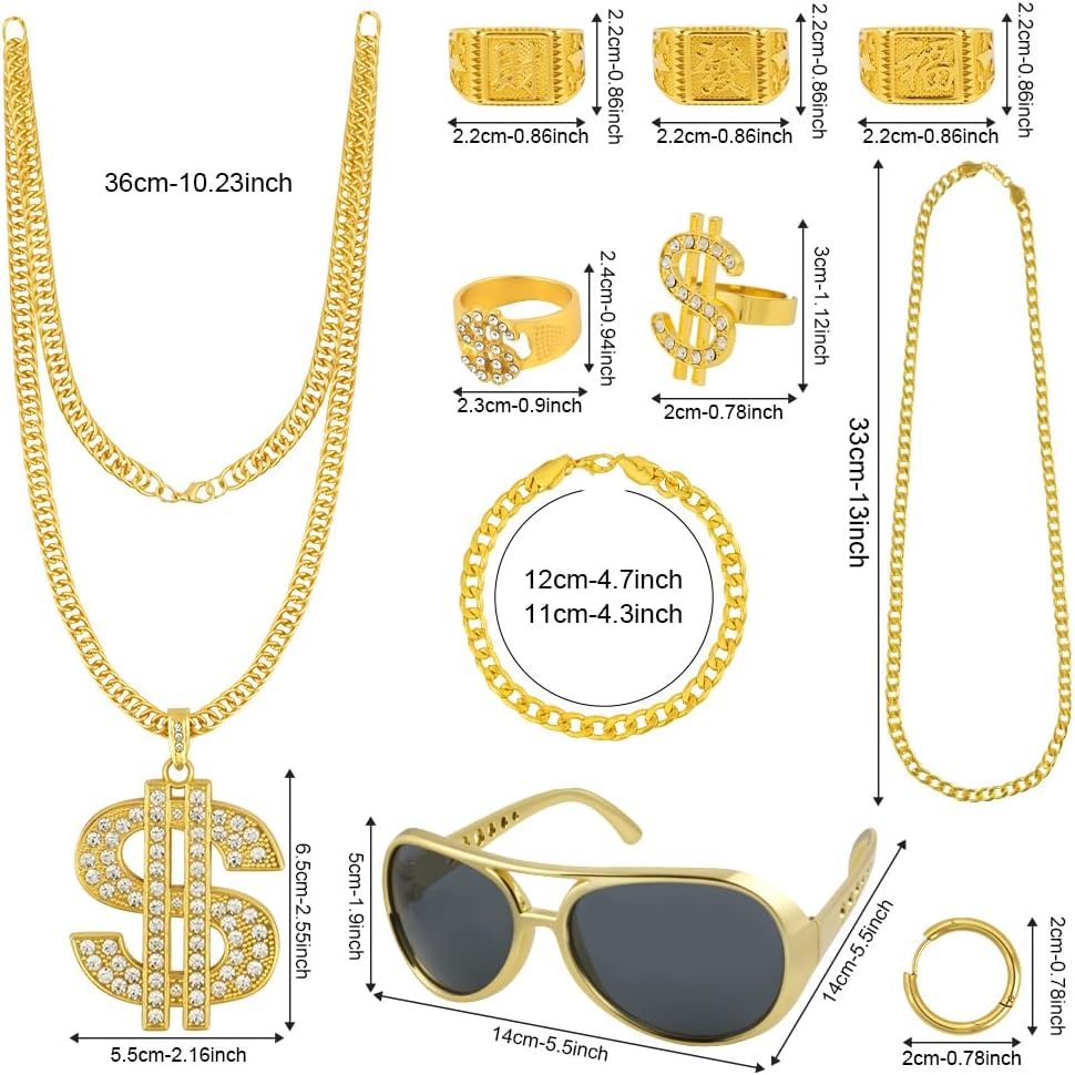 Thumbnail 2 de BSBUY 10-delige hiphop-kostuumaccessoireset met goudkleurige kettingen en ringen