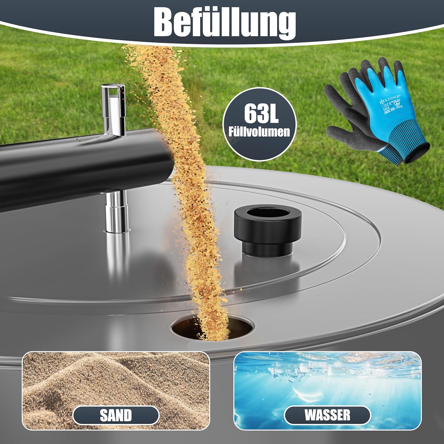 Thumbnail 2 de KESSER® Rasenwalze Metall, befüllbar mit Wasser oder Sand (63 Liter) – 99 cm Arbeitsbreite, inkl. Handschuhe