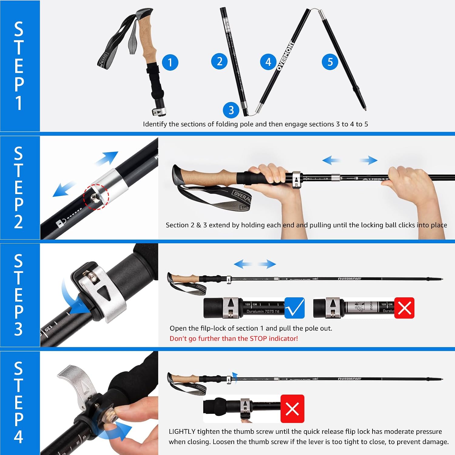 Thumbnail 6 de Overmont Bastoni da trekking pieghevoli in alluminio 105-125 cm – 1 paio con accessori per tutto il terrain