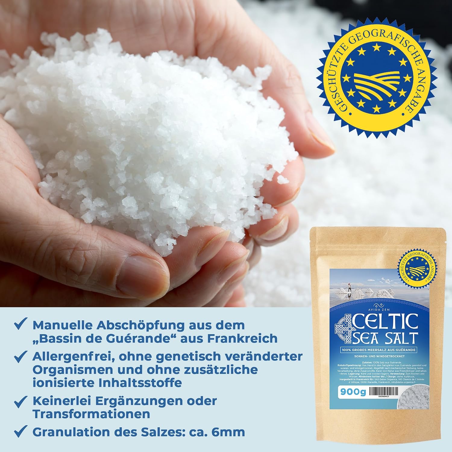 Detalle 2 de AVIDA ZEN Celtic Sea Salt 900 g – keltisches Meersalz aus Guérande, handgeerntet, grau, naturbelassen