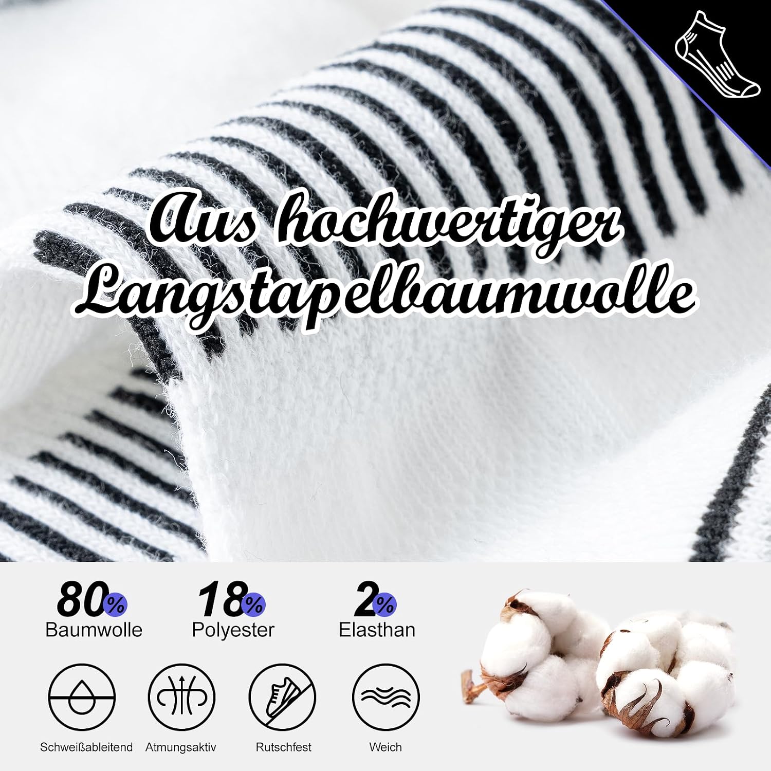 Detalle 2 de Niorasen Sneaker Socken Herren 37-50 – Gepolsterte, atmungsaktive Sportsocken im 6-Paar-Set