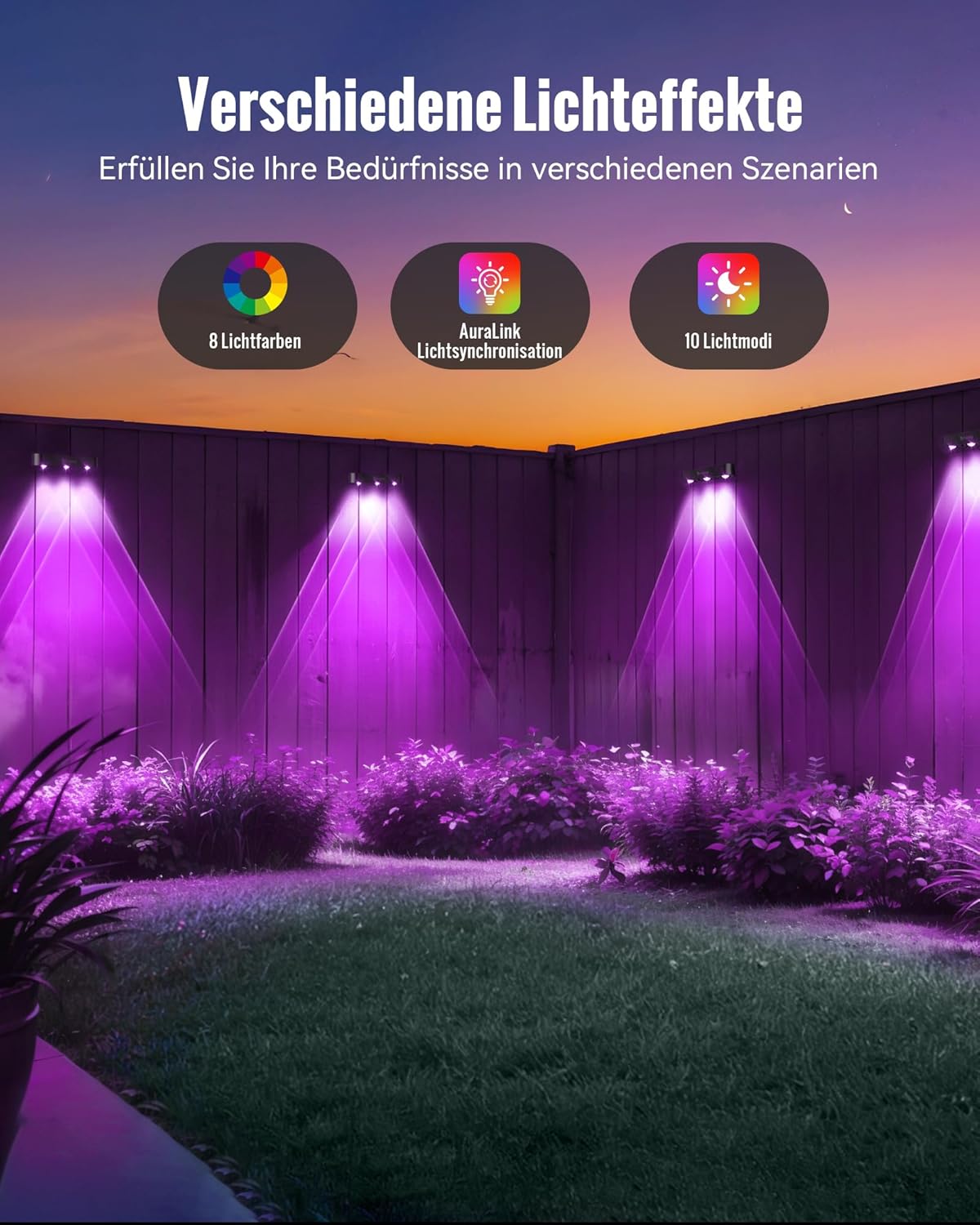 Thumbnail 1 de FabStyl Solarlampen für Außen Wand, 8 Stück – Synchronisierbare RGB-Solarleuchten mit IP65, 10 Modi
