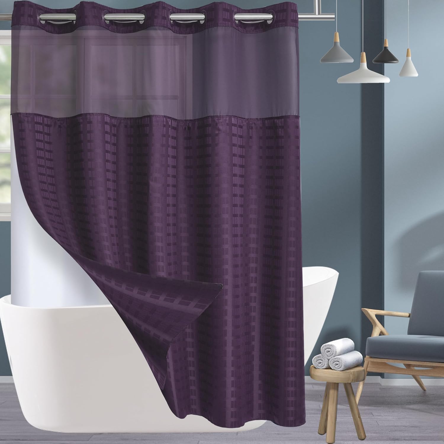 Detalle de Conbo Mio 1 Hotel-Style Shower Curtain, Check-Purple, 71W x 74H