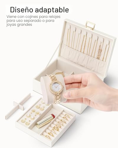 Detalle de VLANDO Caja de Joyería 2 Capas Grande: Organizador Multifuncional en Cremas y Reloj