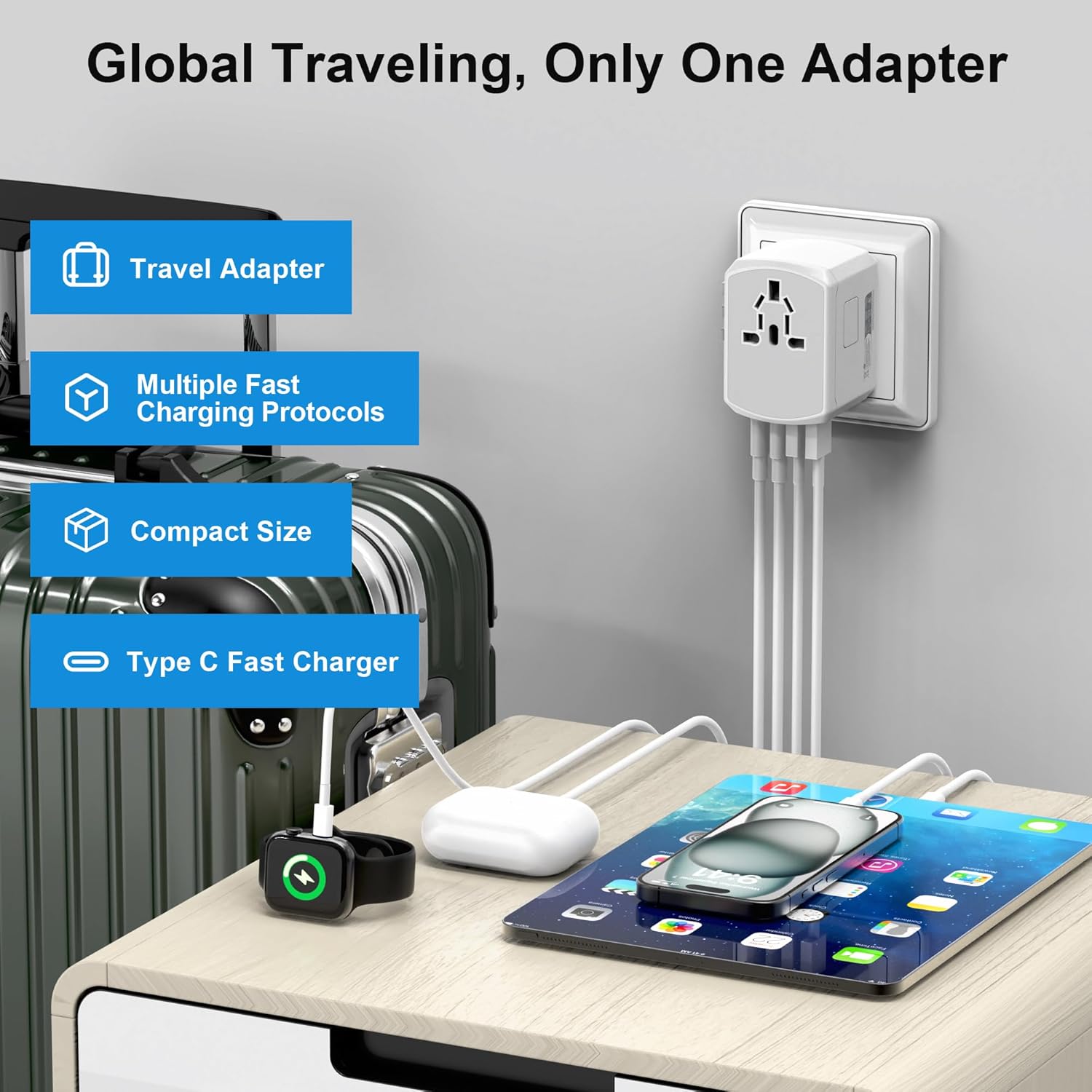 Detalle de Adattatore Universale da Viaggio 5 in 1 con 2 USB A, 2 Type-C e 1 Spina AC