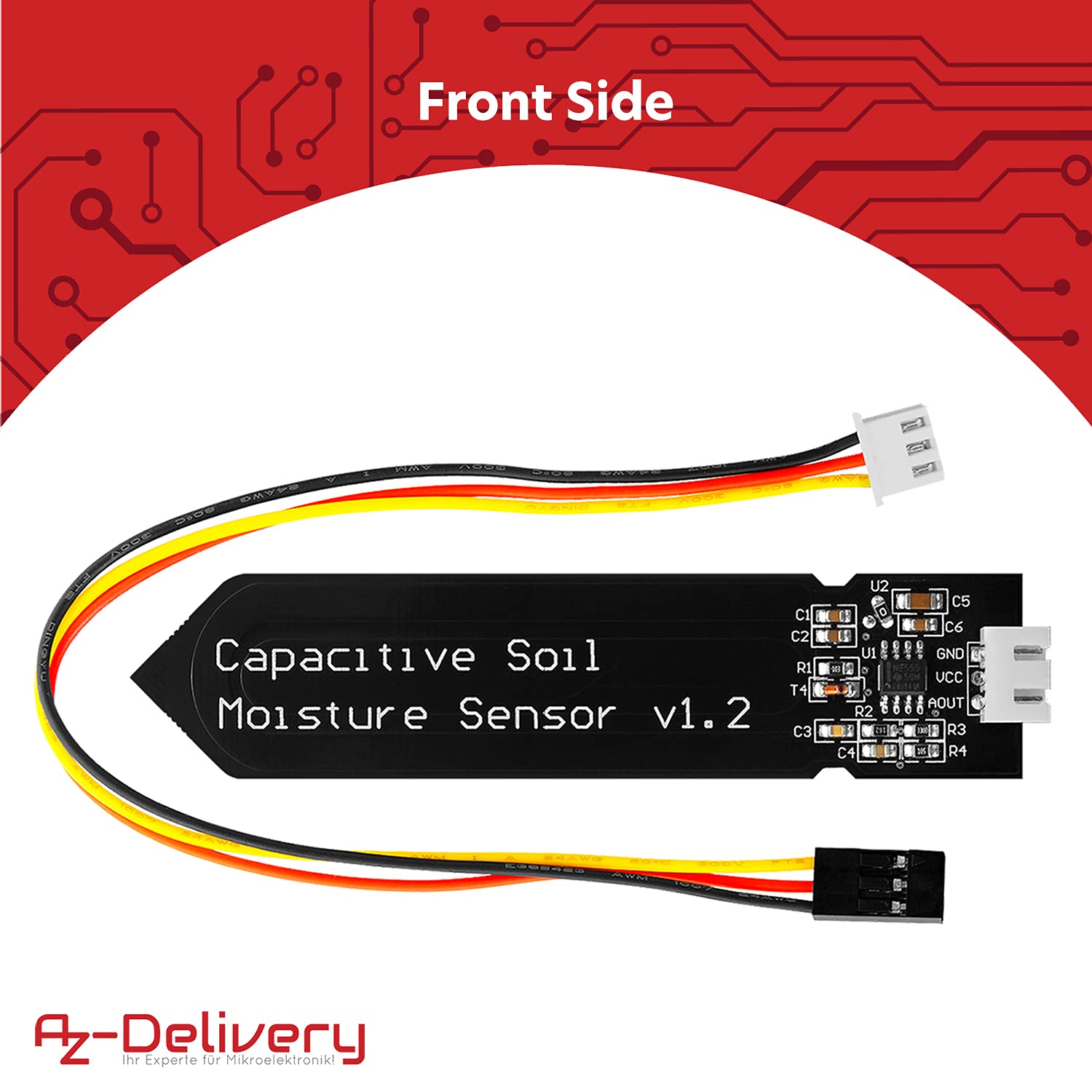 Detalle 2 de AZDelivery 5x sensori di umidità del suolo capacitivo V1.2 con modulo igrometro (compatibile con Arduino) + e-book